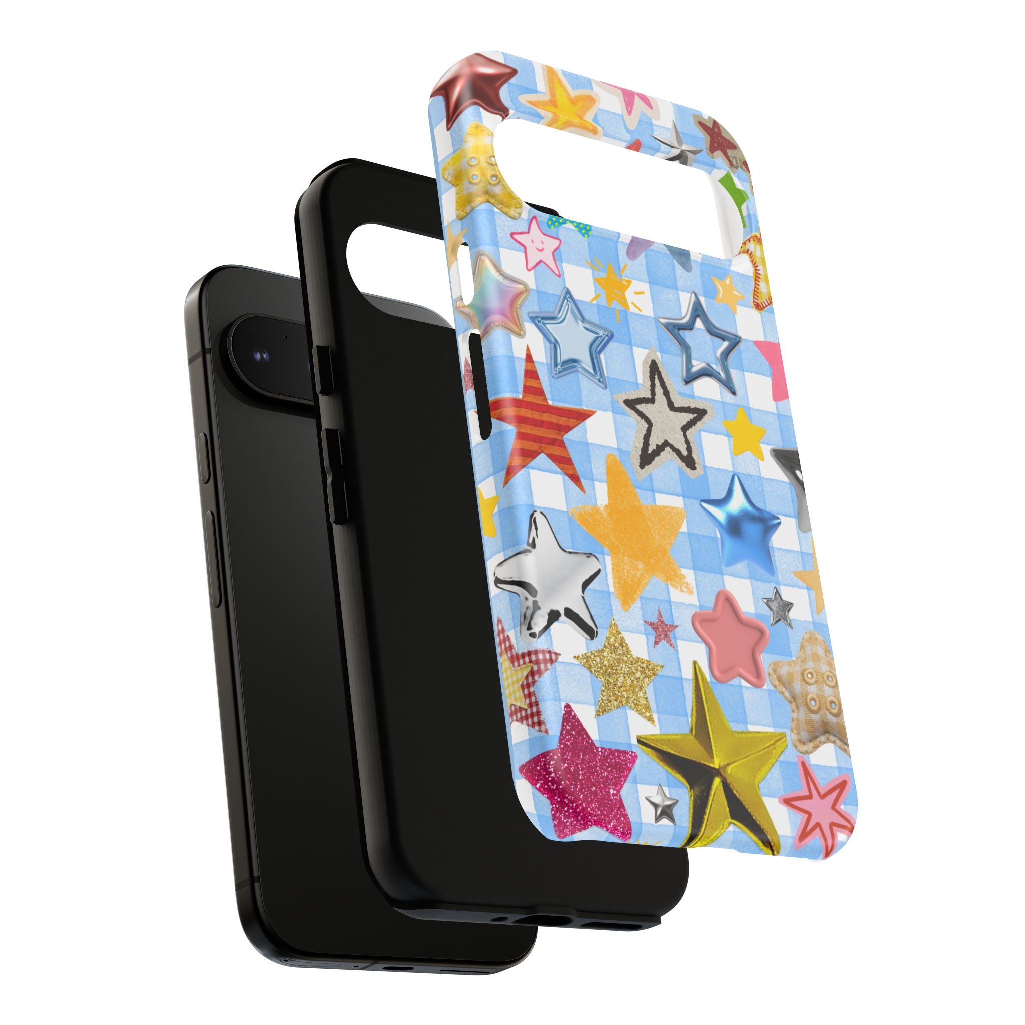 Star Pattern Phone Case – Colorful Stars on Blue Gingham Phone Case