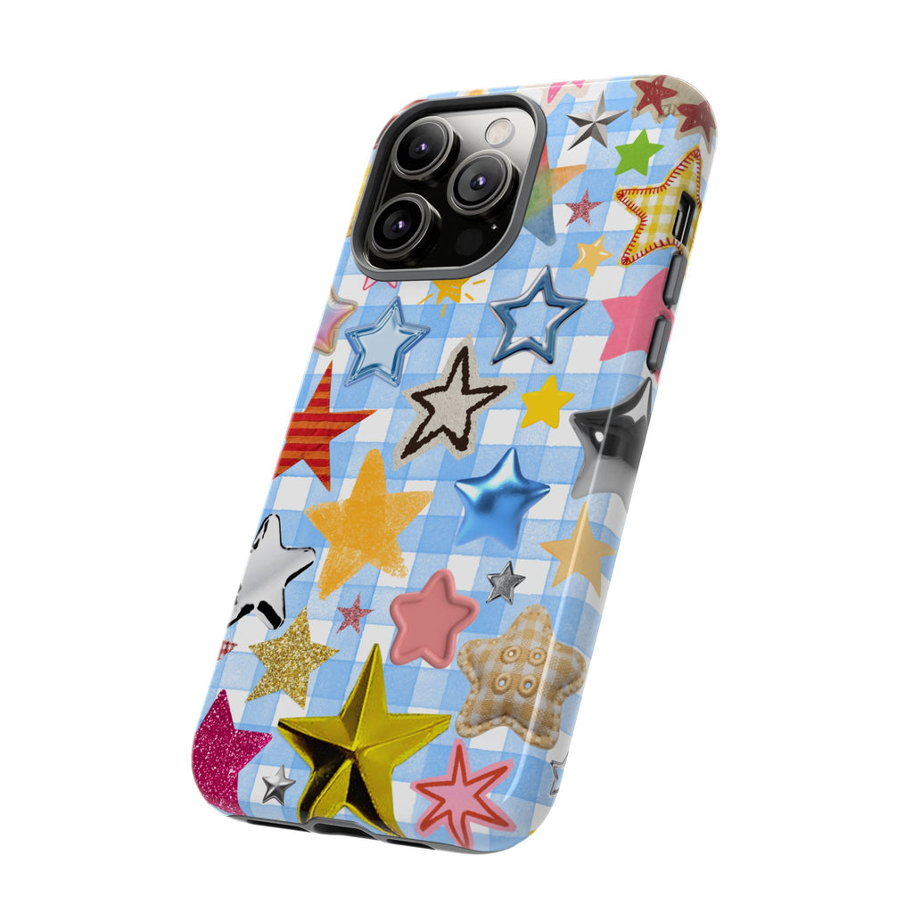 Star Pattern Phone Case – Colorful Stars on Blue Gingham Phone Case