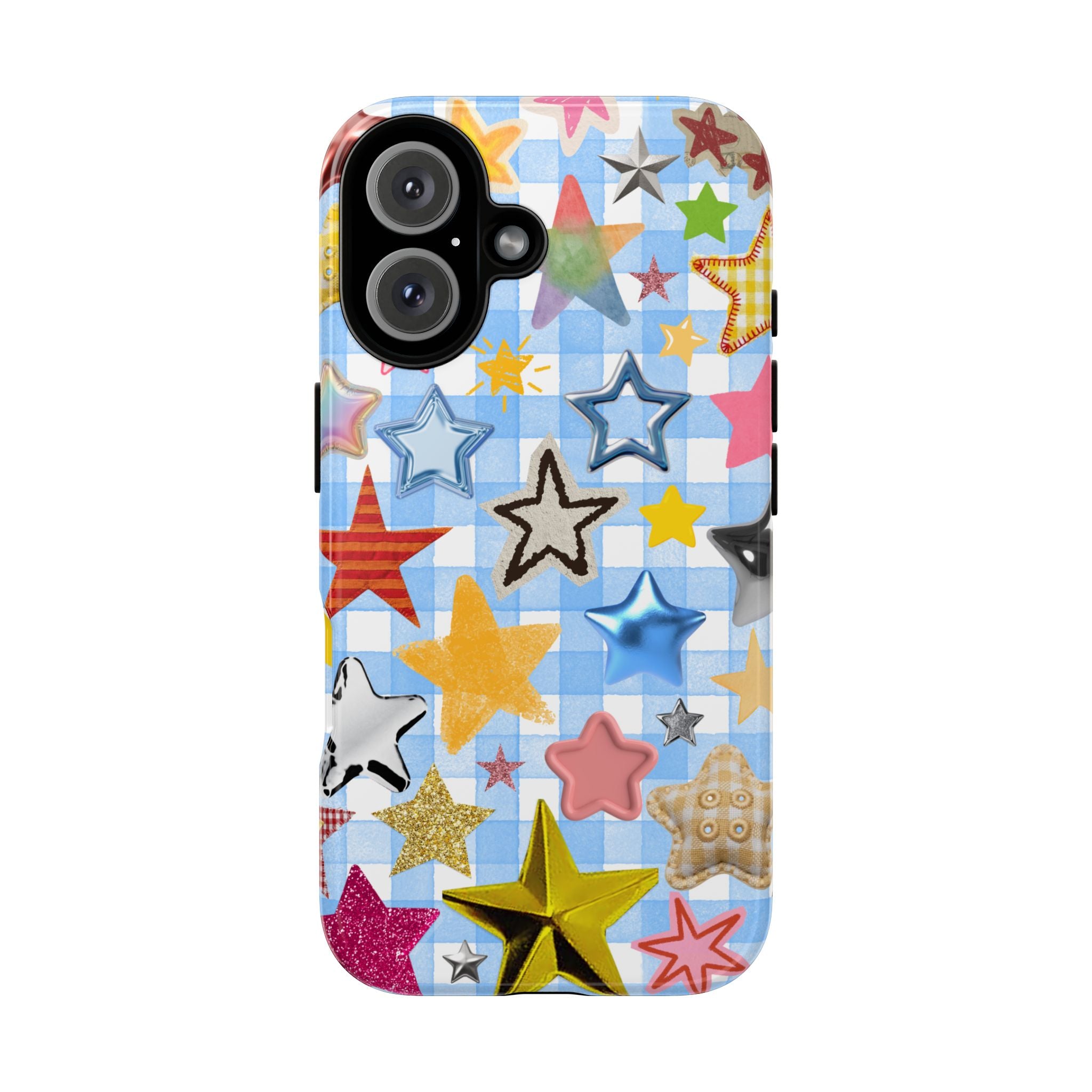 Star Pattern Phone Case – Colorful Stars on Blue Gingham Phone Case