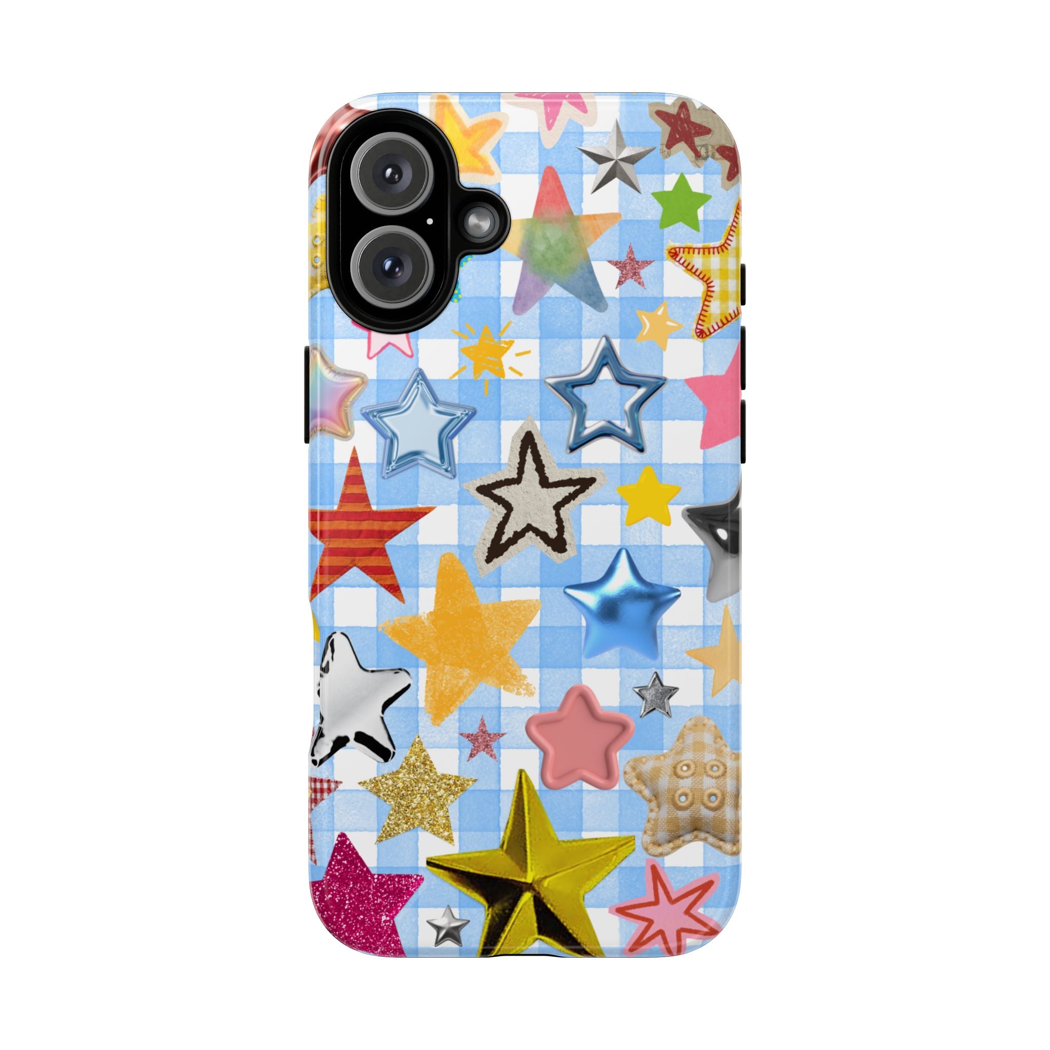 Star Pattern Phone Case – Colorful Stars on Blue Gingham Phone Case
