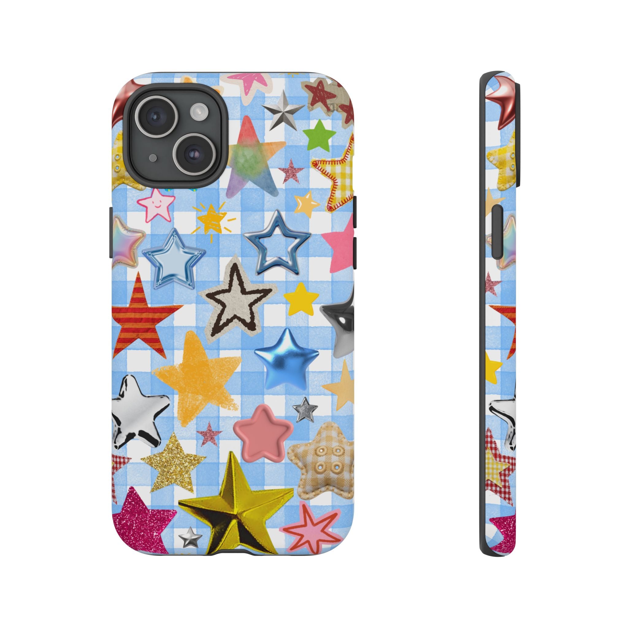 Star Pattern Phone Case – Colorful Stars on Blue Gingham Phone Case