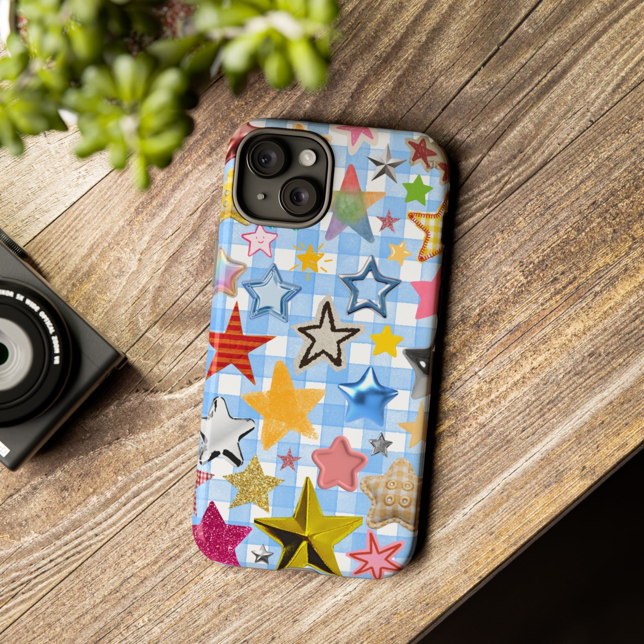 Star Pattern Phone Case – Colorful Stars on Blue Gingham Phone Case