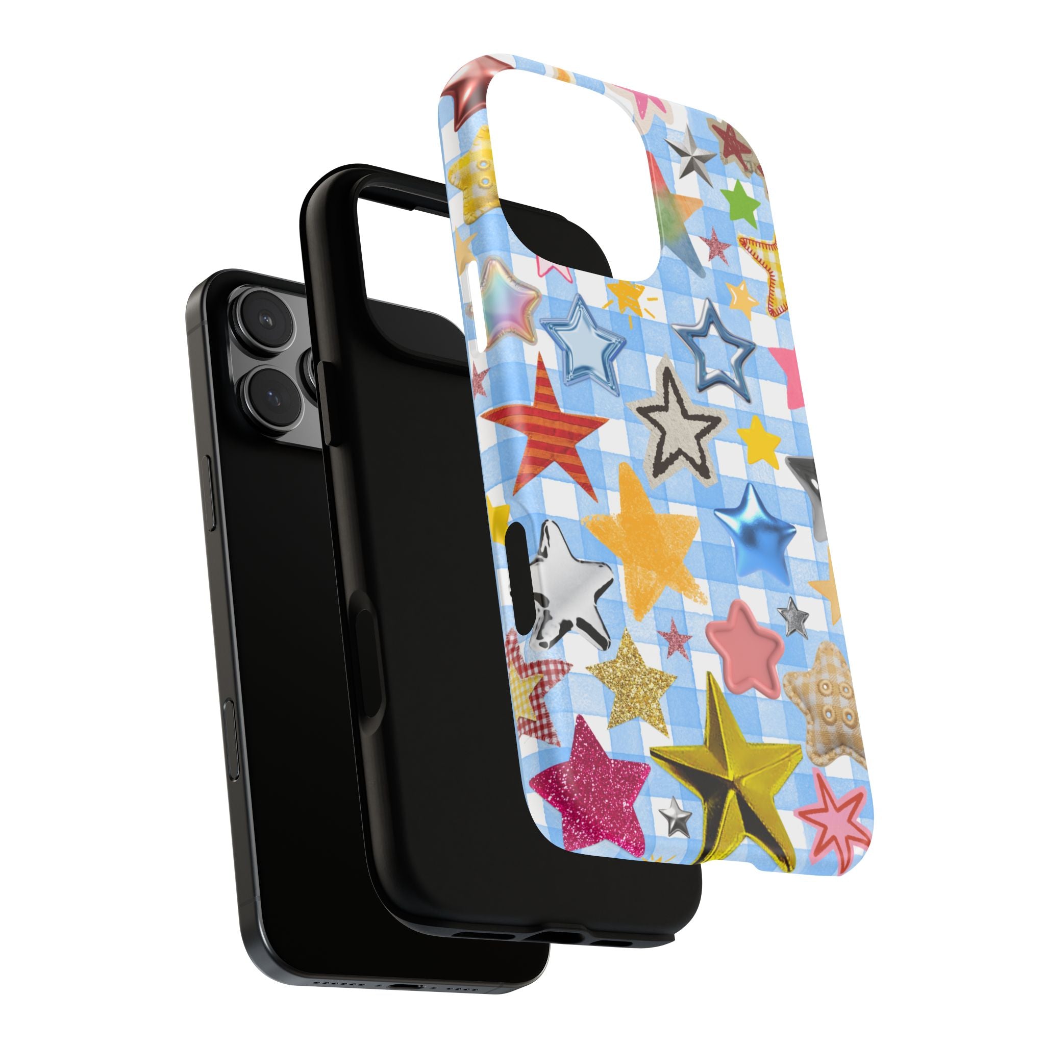 Star Pattern Phone Case – Colorful Stars on Blue Gingham Phone Case