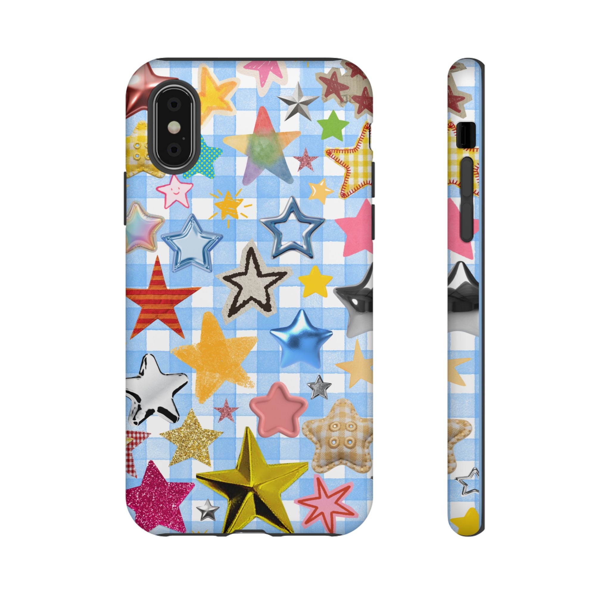 Star Pattern Phone Case – Colorful Stars on Blue Gingham Phone Case