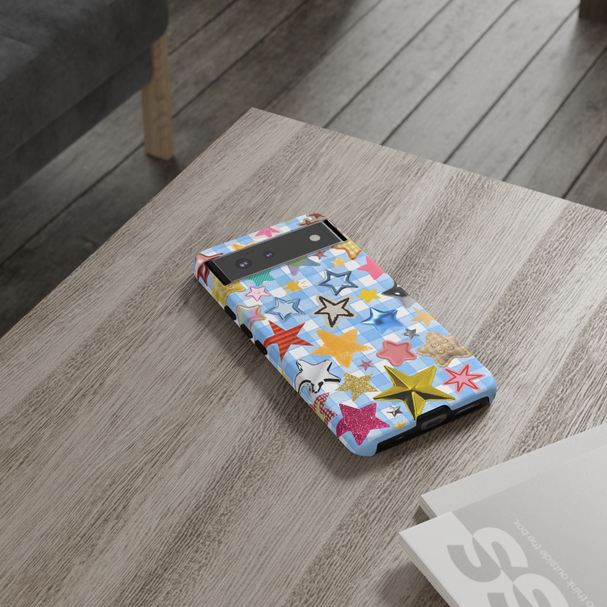Star Pattern Phone Case – Colorful Stars on Blue Gingham Phone Case