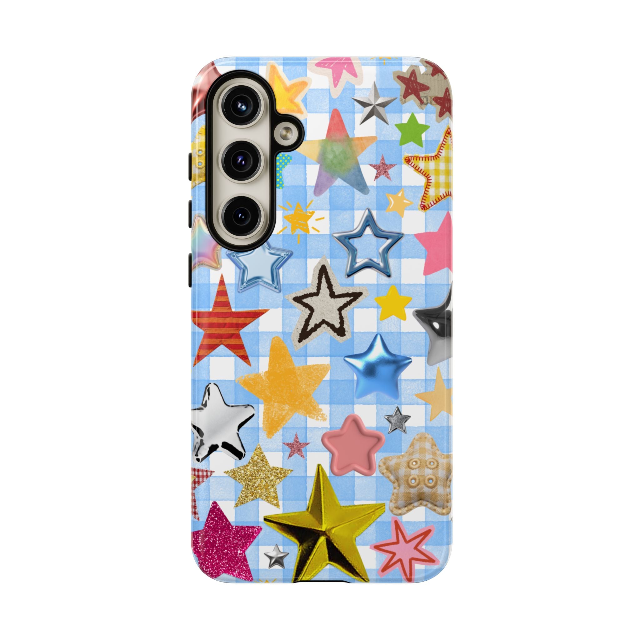 Star Pattern Phone Case – Colorful Stars on Blue Gingham Phone Case