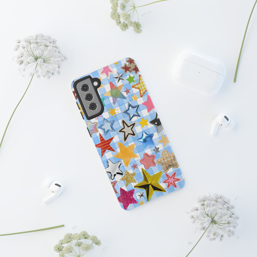 Star Pattern Phone Case – Colorful Stars on Blue Gingham Phone Case