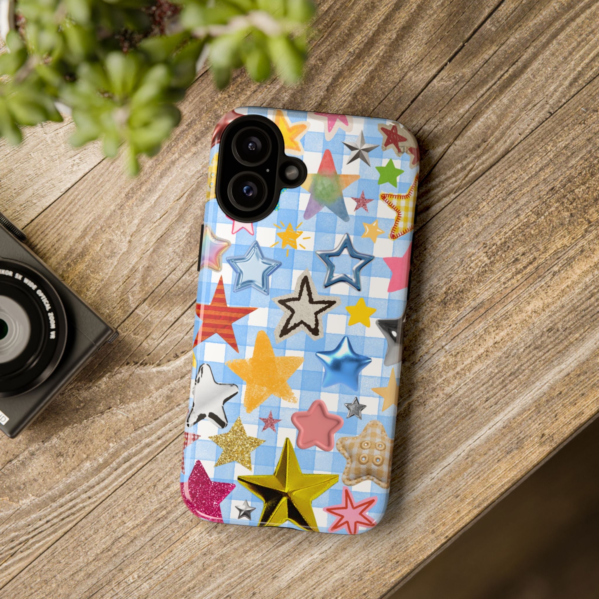 Star Pattern Phone Case – Colorful Stars on Blue Gingham Phone Case