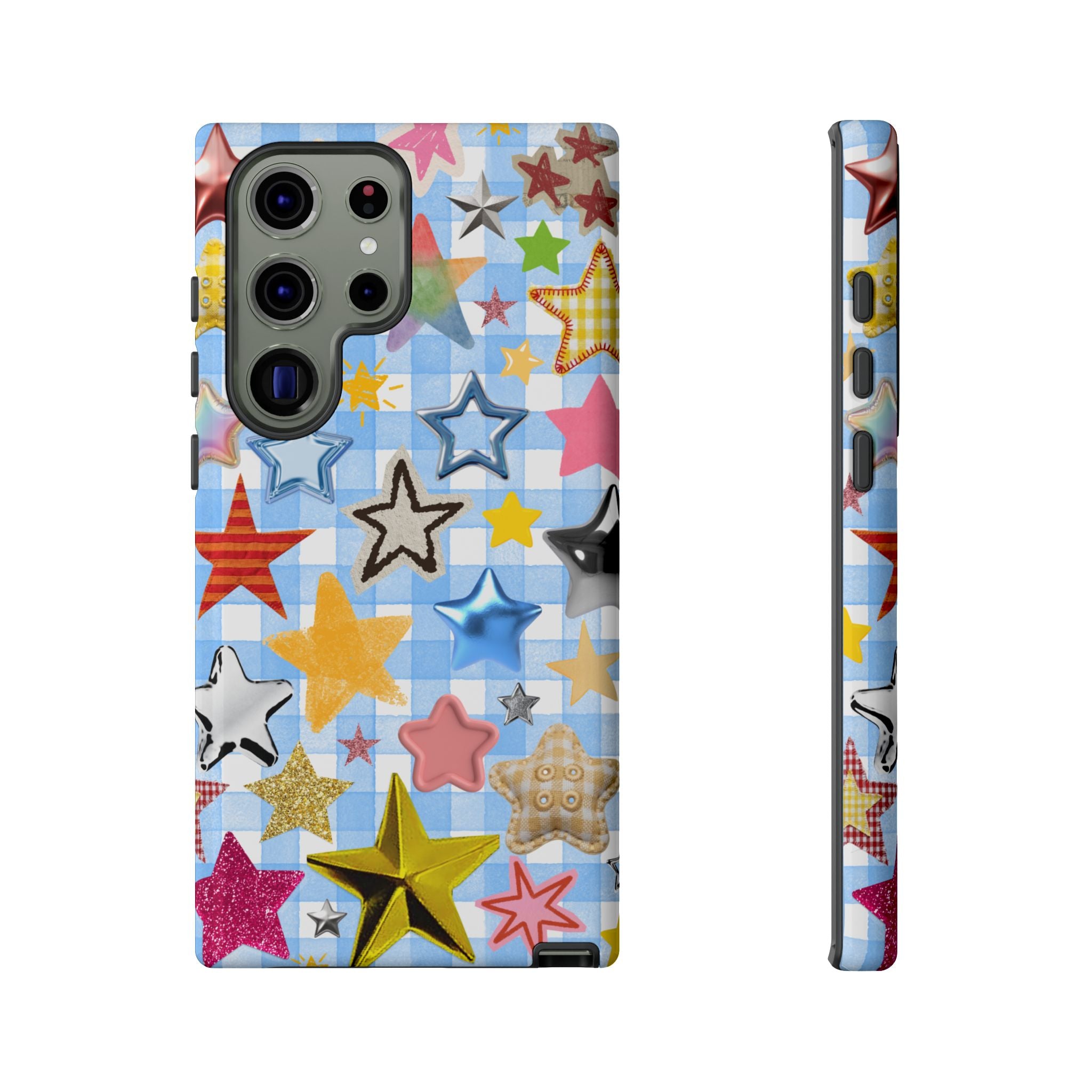 Star Pattern Phone Case – Colorful Stars on Blue Gingham Phone Case