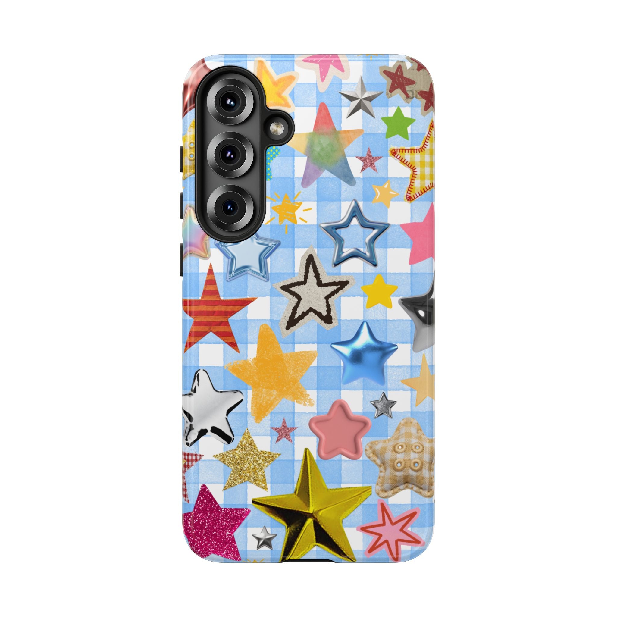 Star Pattern Phone Case – Colorful Stars on Blue Gingham Phone Case