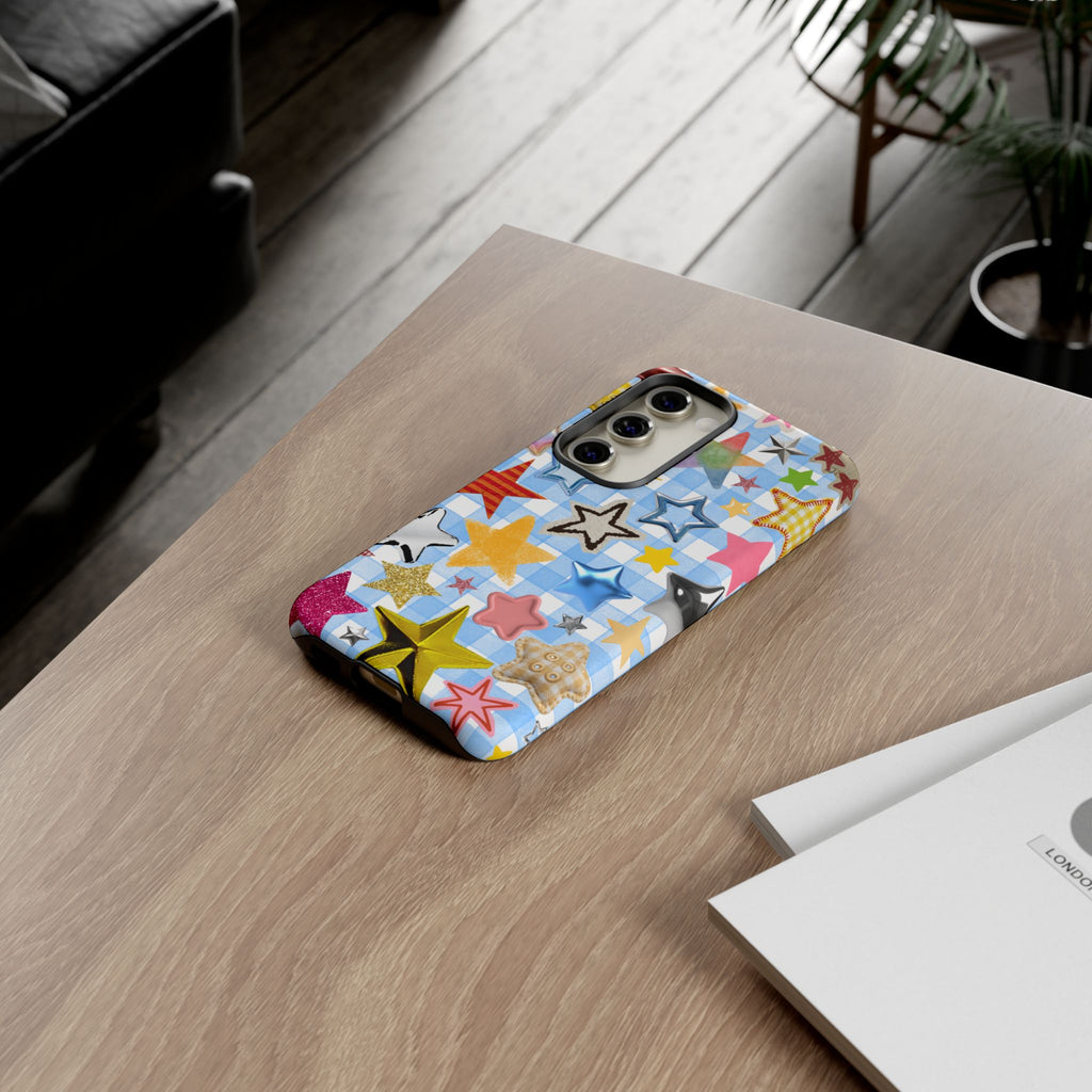 Star Pattern Phone Case – Colorful Stars on Blue Gingham Phone Case