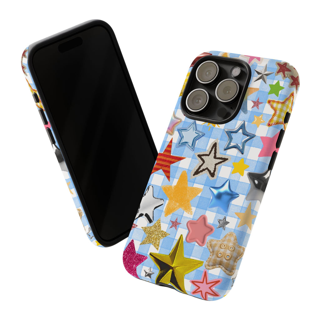 Star Pattern Phone Case – Colorful Stars on Blue Gingham Phone Case