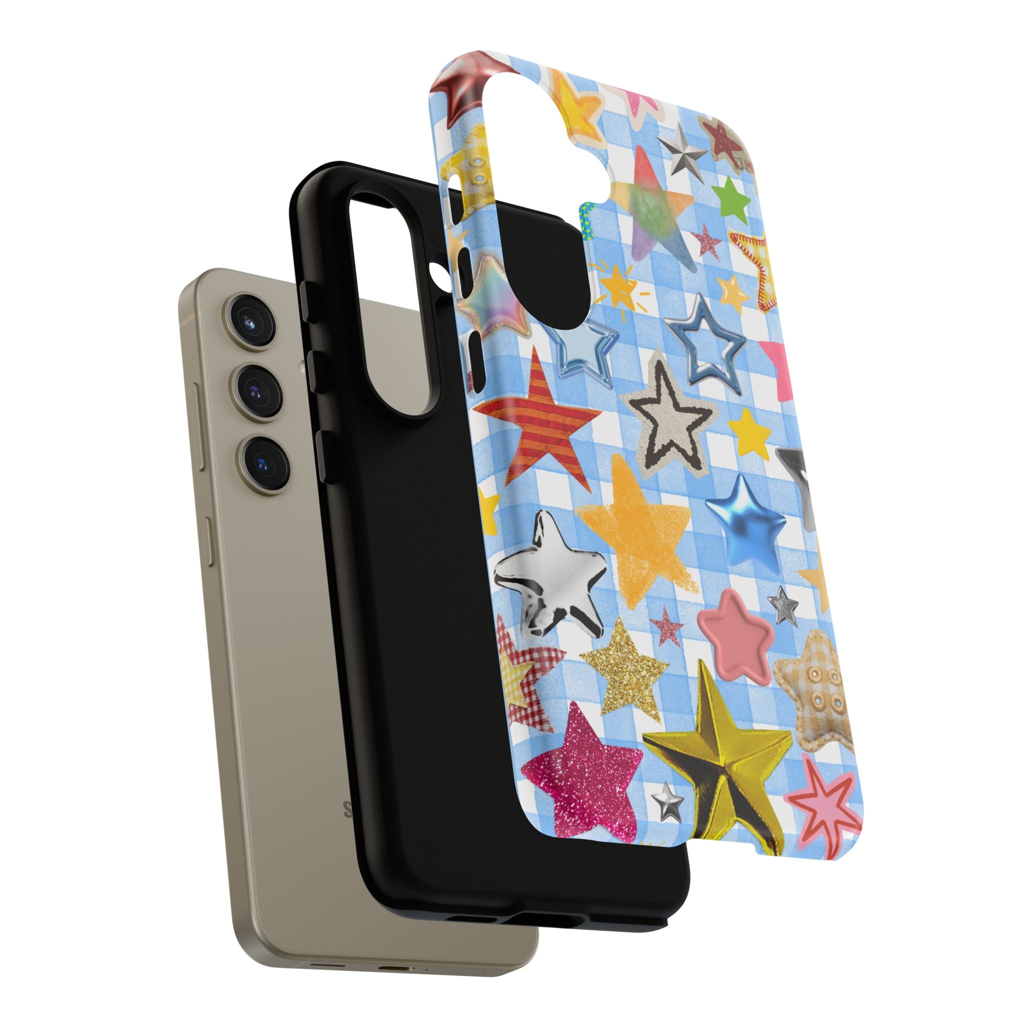 Star Pattern Phone Case – Colorful Stars on Blue Gingham Phone Case