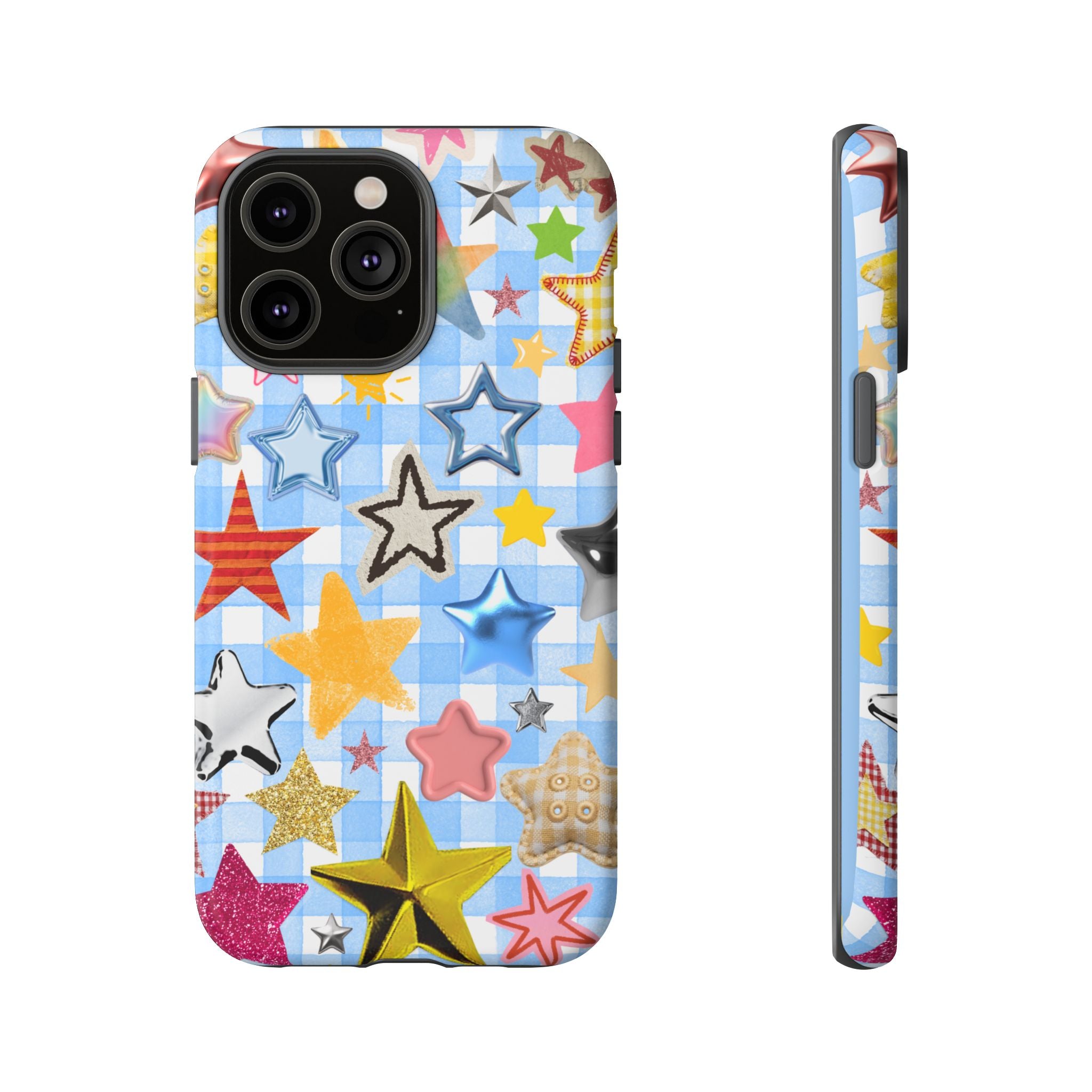 Star Pattern Phone Case – Colorful Stars on Blue Gingham Phone Case