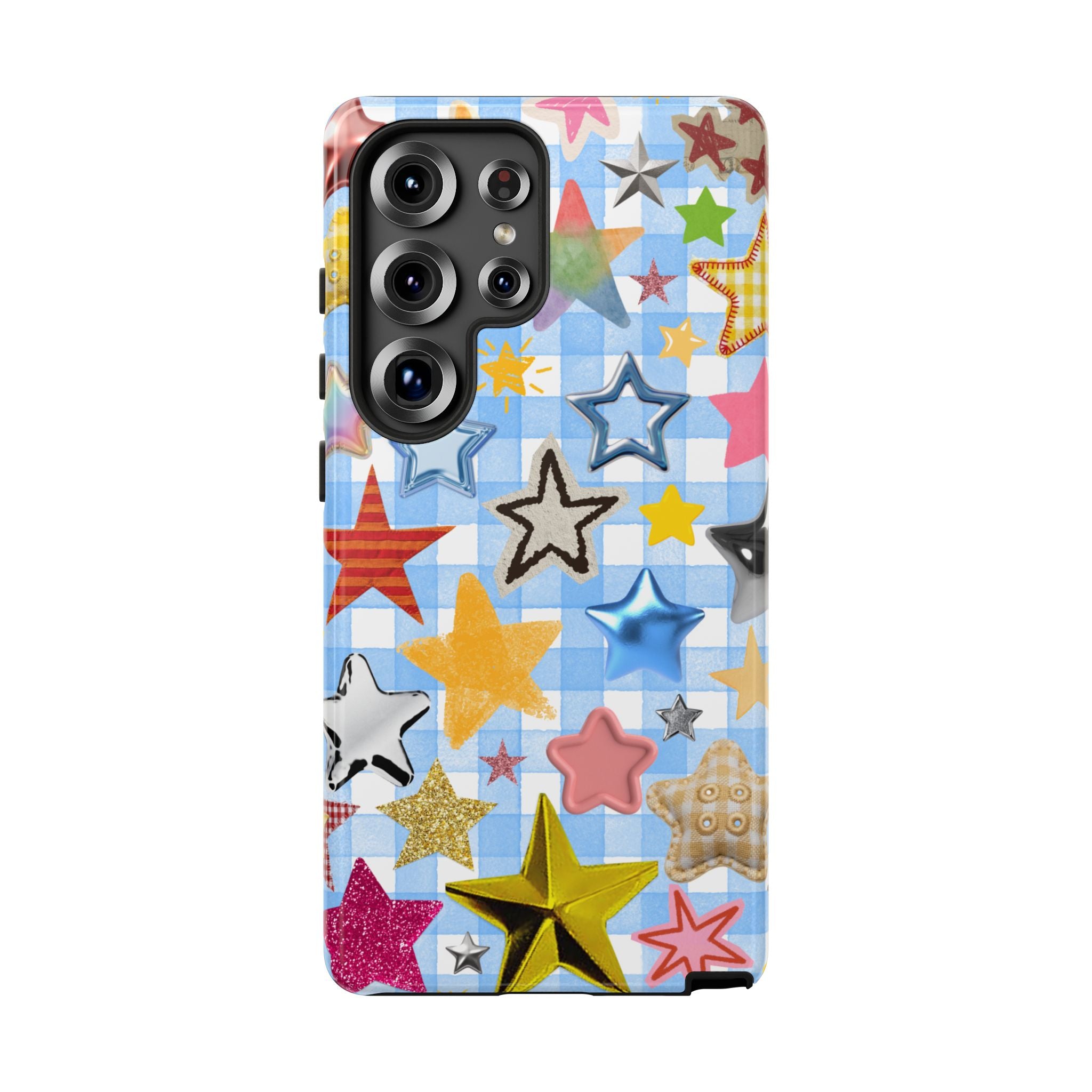 Star Pattern Phone Case – Colorful Stars on Blue Gingham Phone Case
