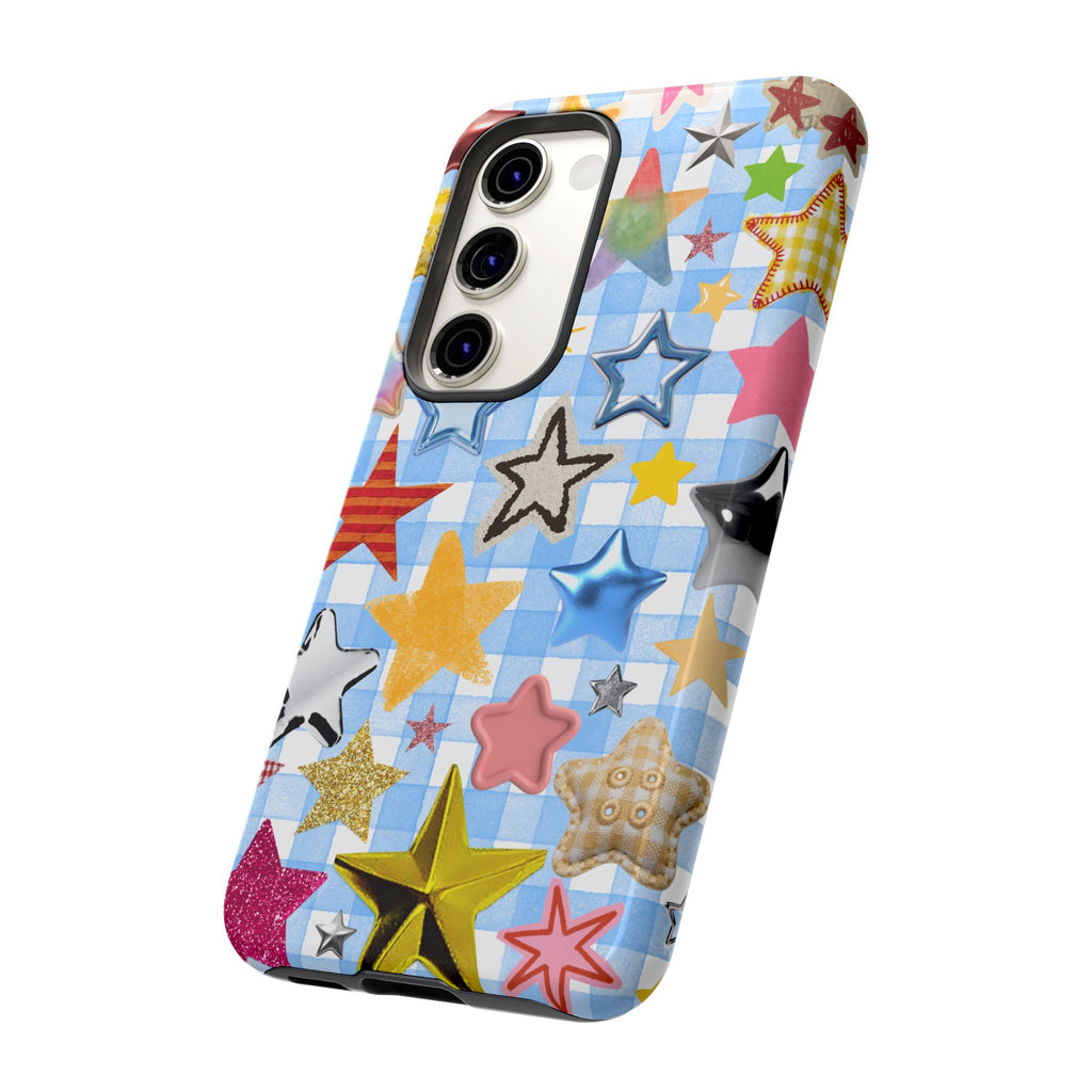 Star Pattern Phone Case – Colorful Stars on Blue Gingham Phone Case