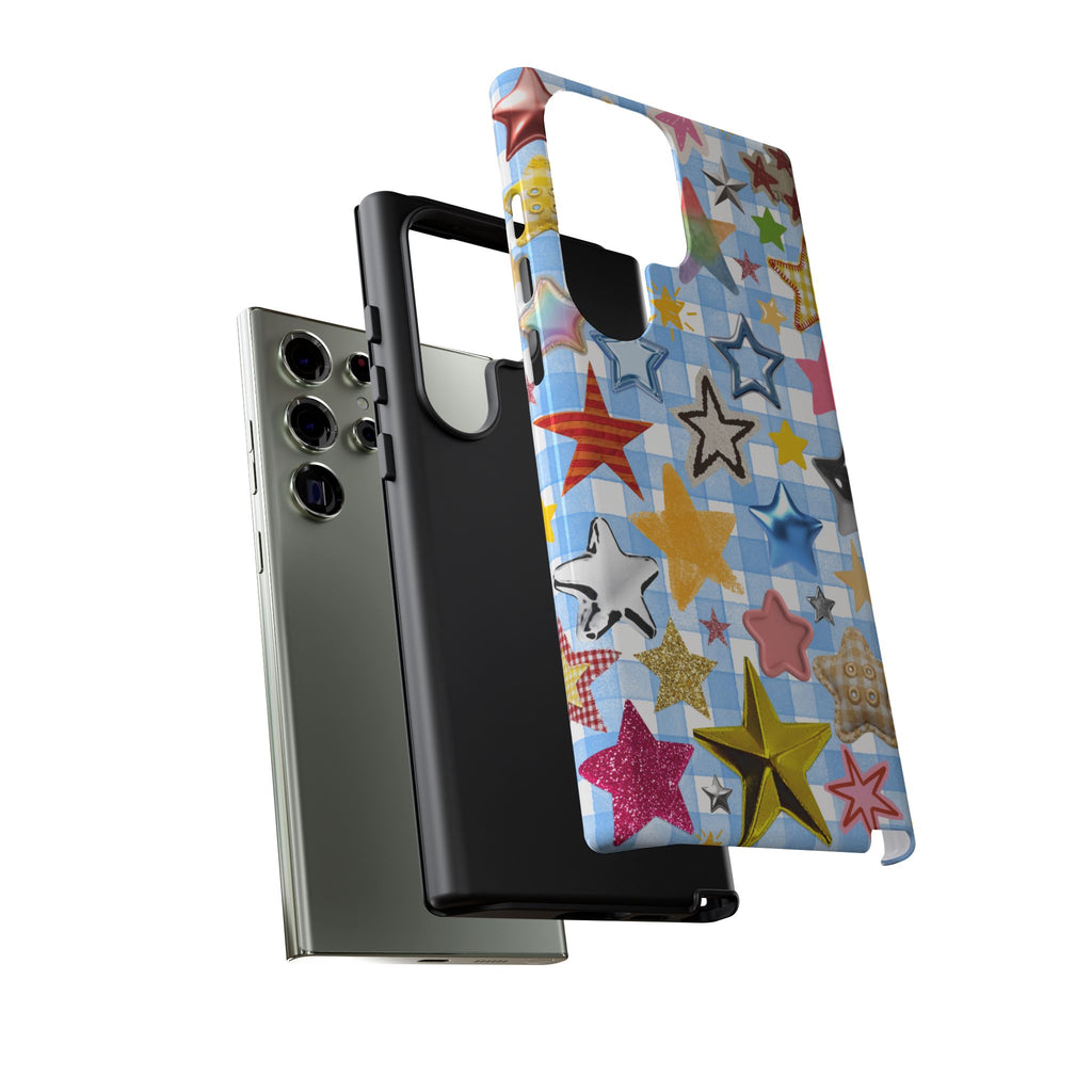Star Pattern Phone Case – Colorful Stars on Blue Gingham Phone Case