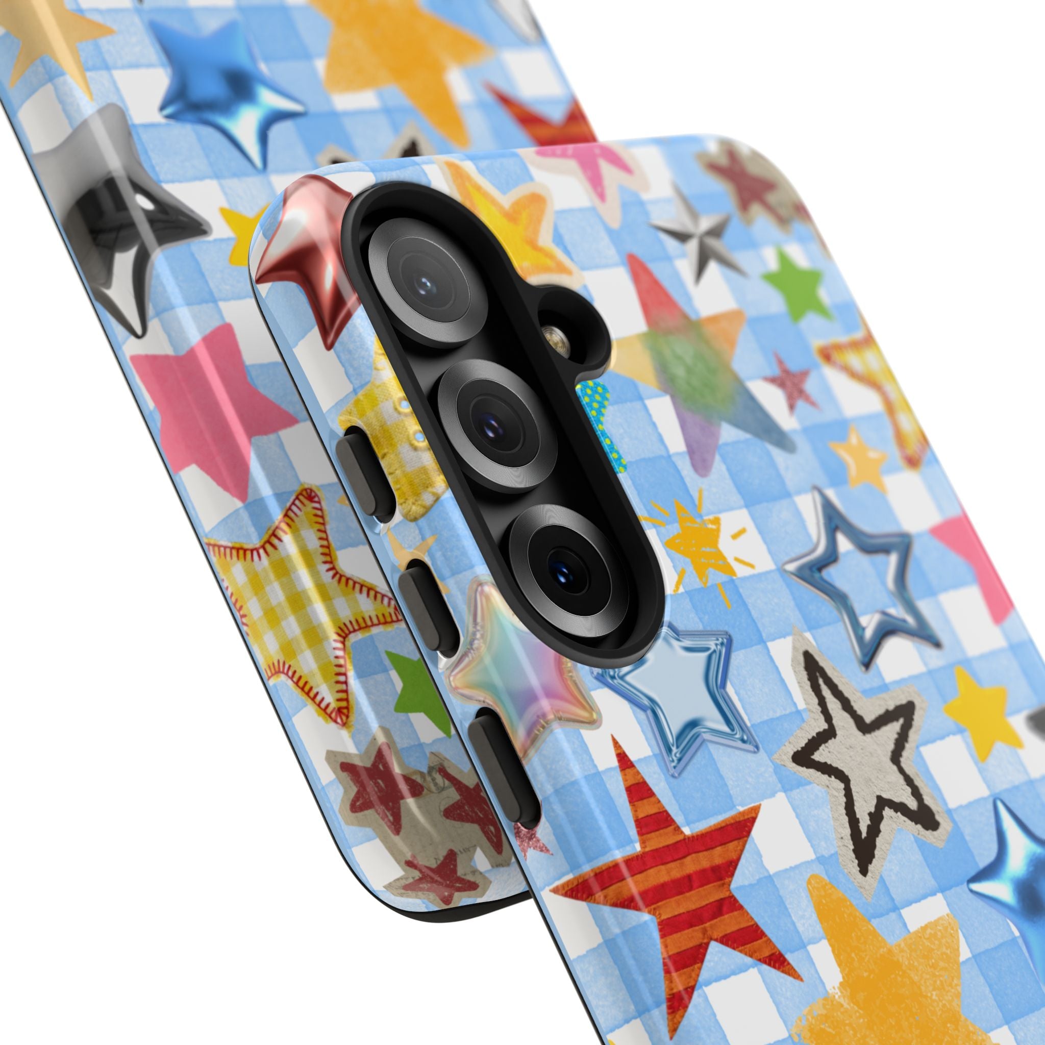 Star Pattern Phone Case – Colorful Stars on Blue Gingham Phone Case