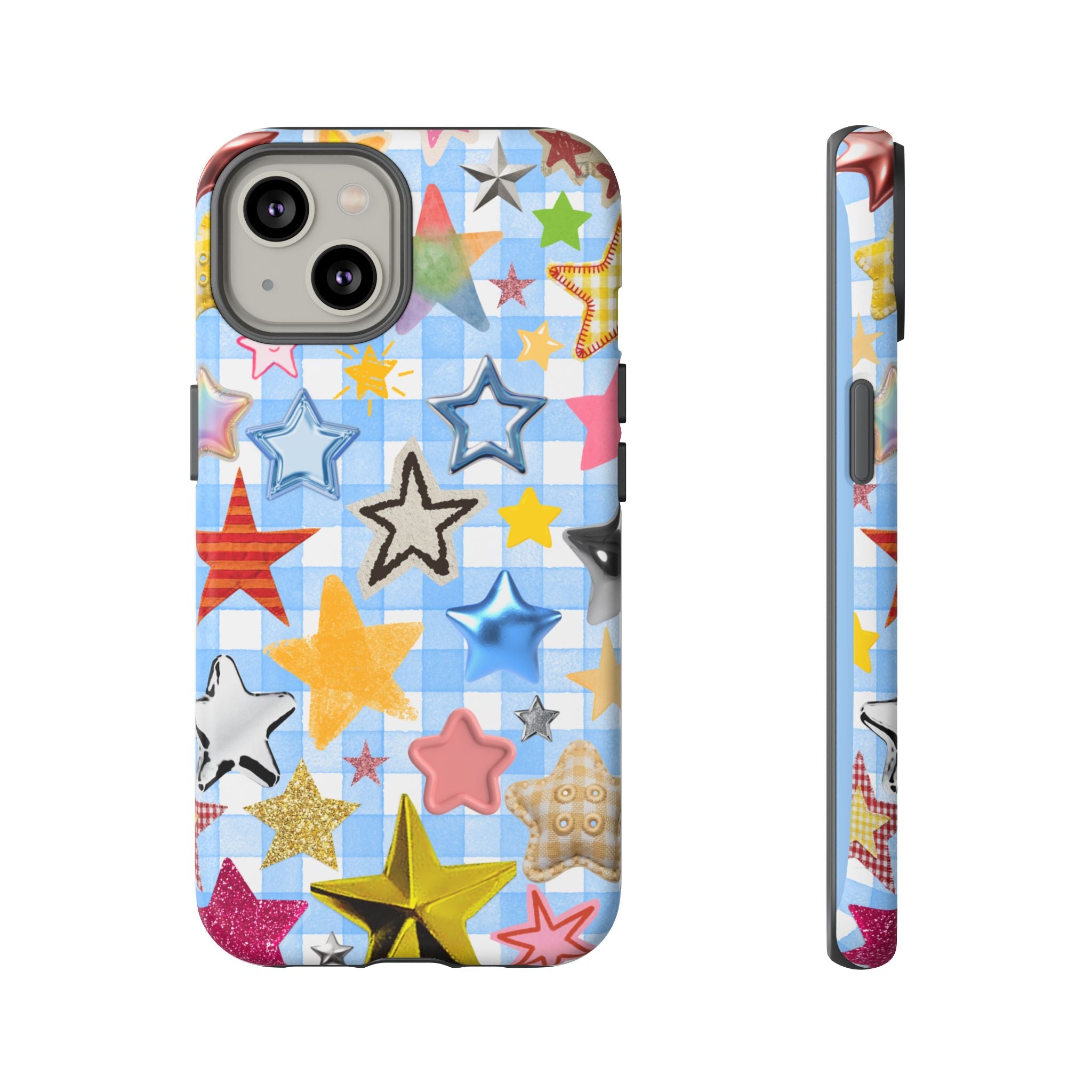 Star Pattern Phone Case – Colorful Stars on Blue Gingham Phone Case