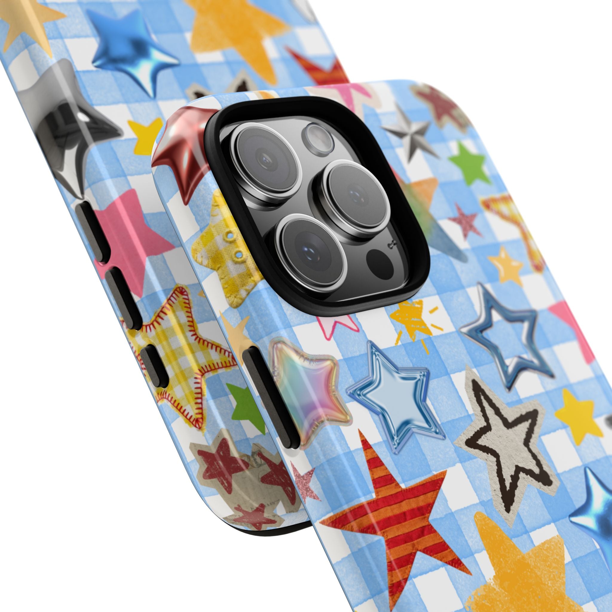 Star Pattern Phone Case – Colorful Stars on Blue Gingham Phone Case