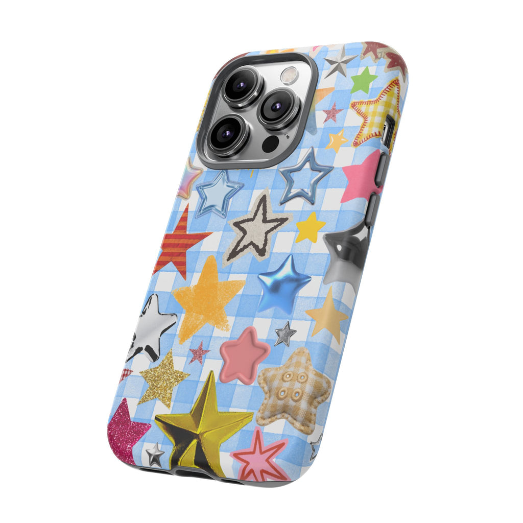 Star Pattern Phone Case – Colorful Stars on Blue Gingham Phone Case