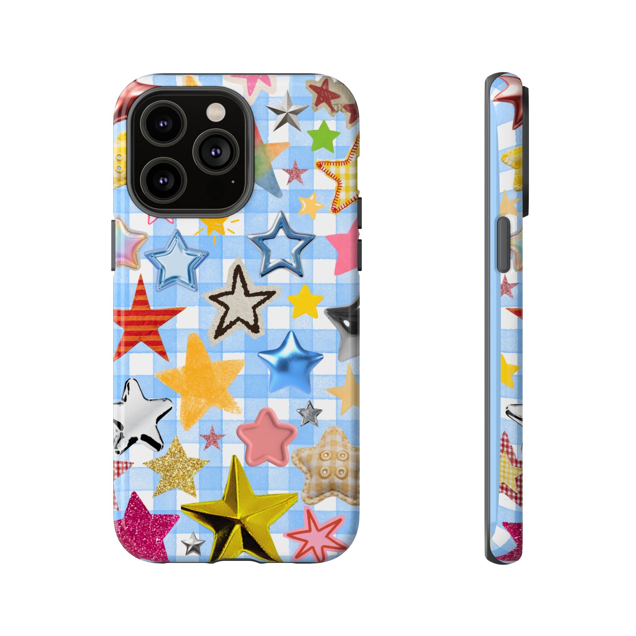 Star Pattern Phone Case – Colorful Stars on Blue Gingham Phone Case