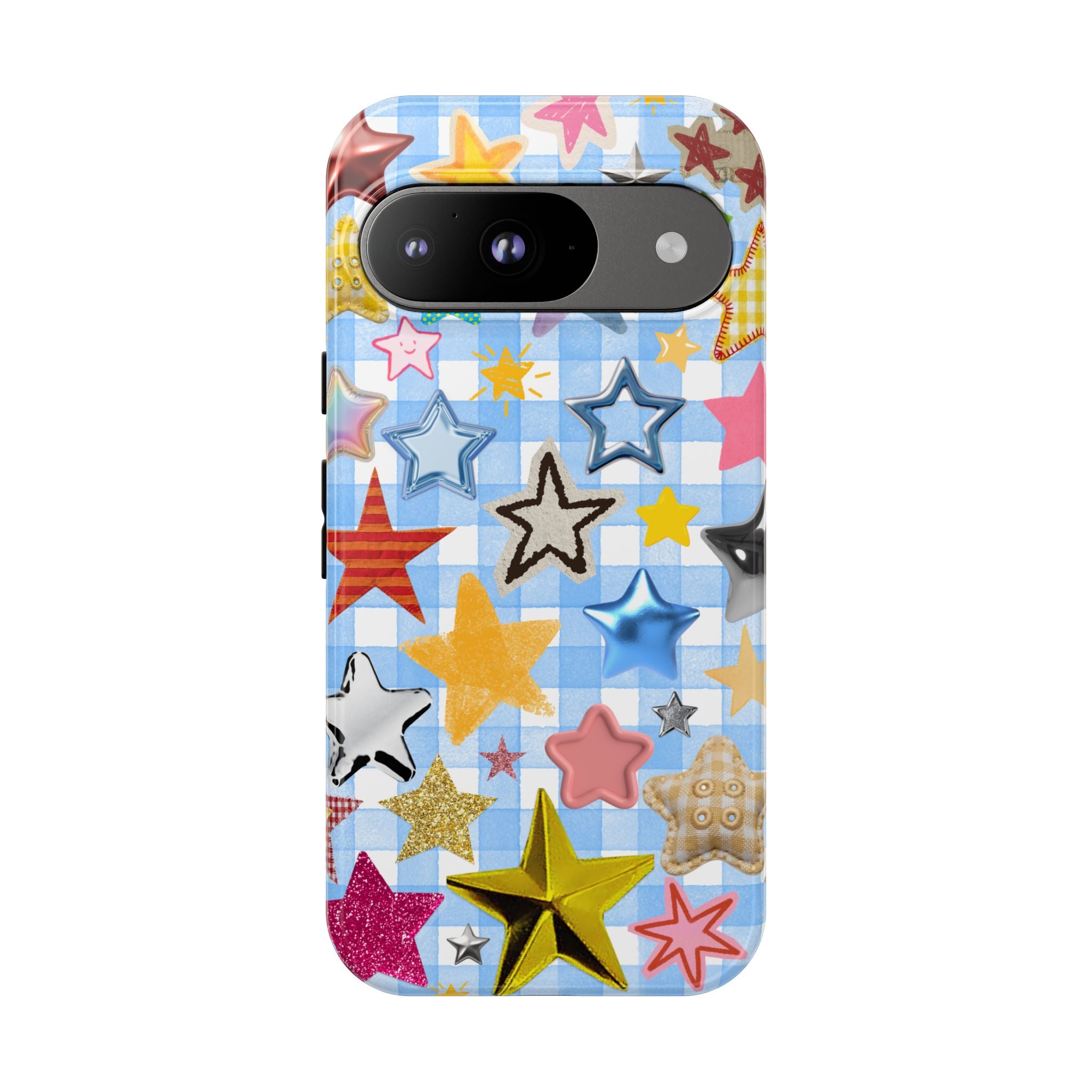 Star Pattern Phone Case – Colorful Stars on Blue Gingham Phone Case