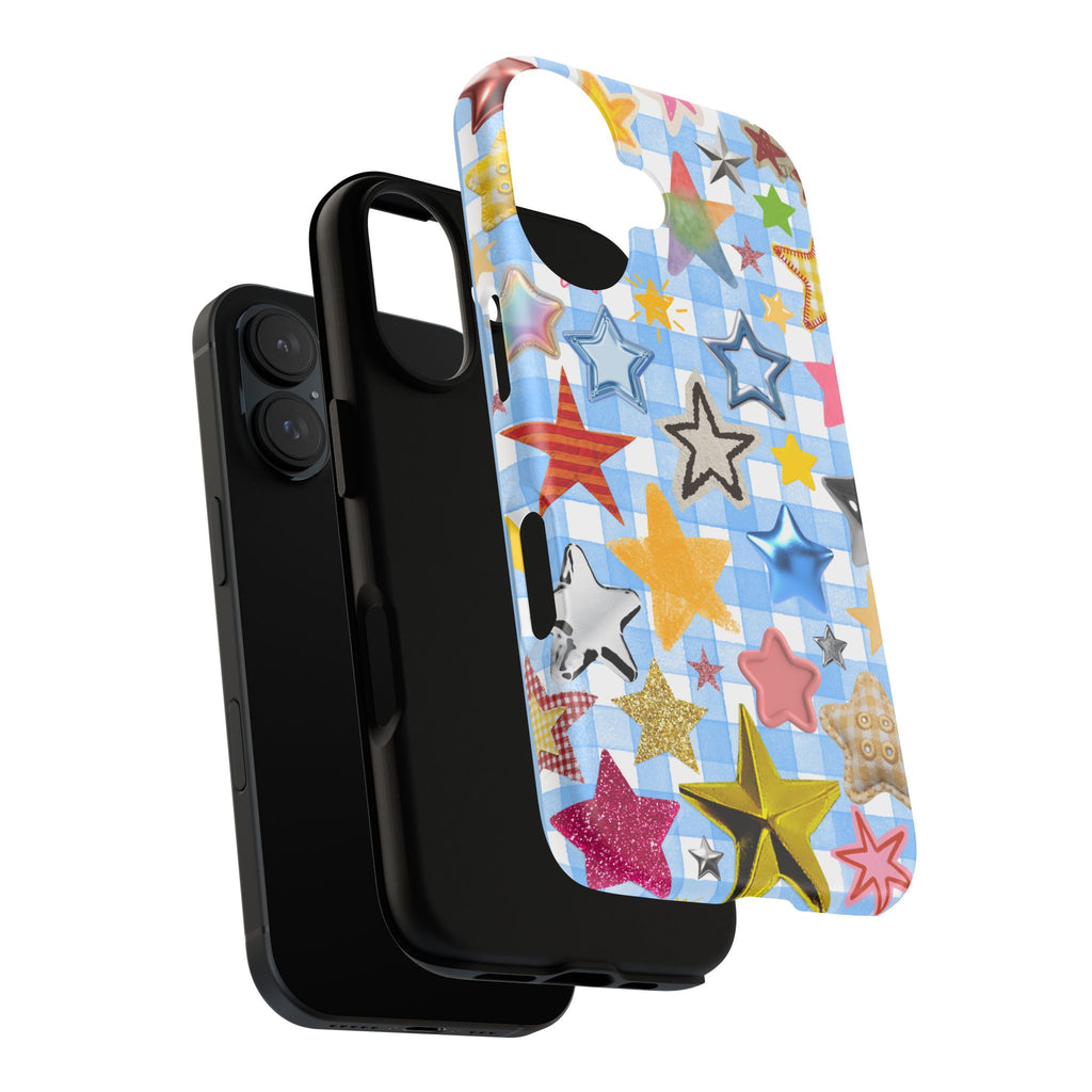 Star Pattern Phone Case – Colorful Stars on Blue Gingham Phone Case