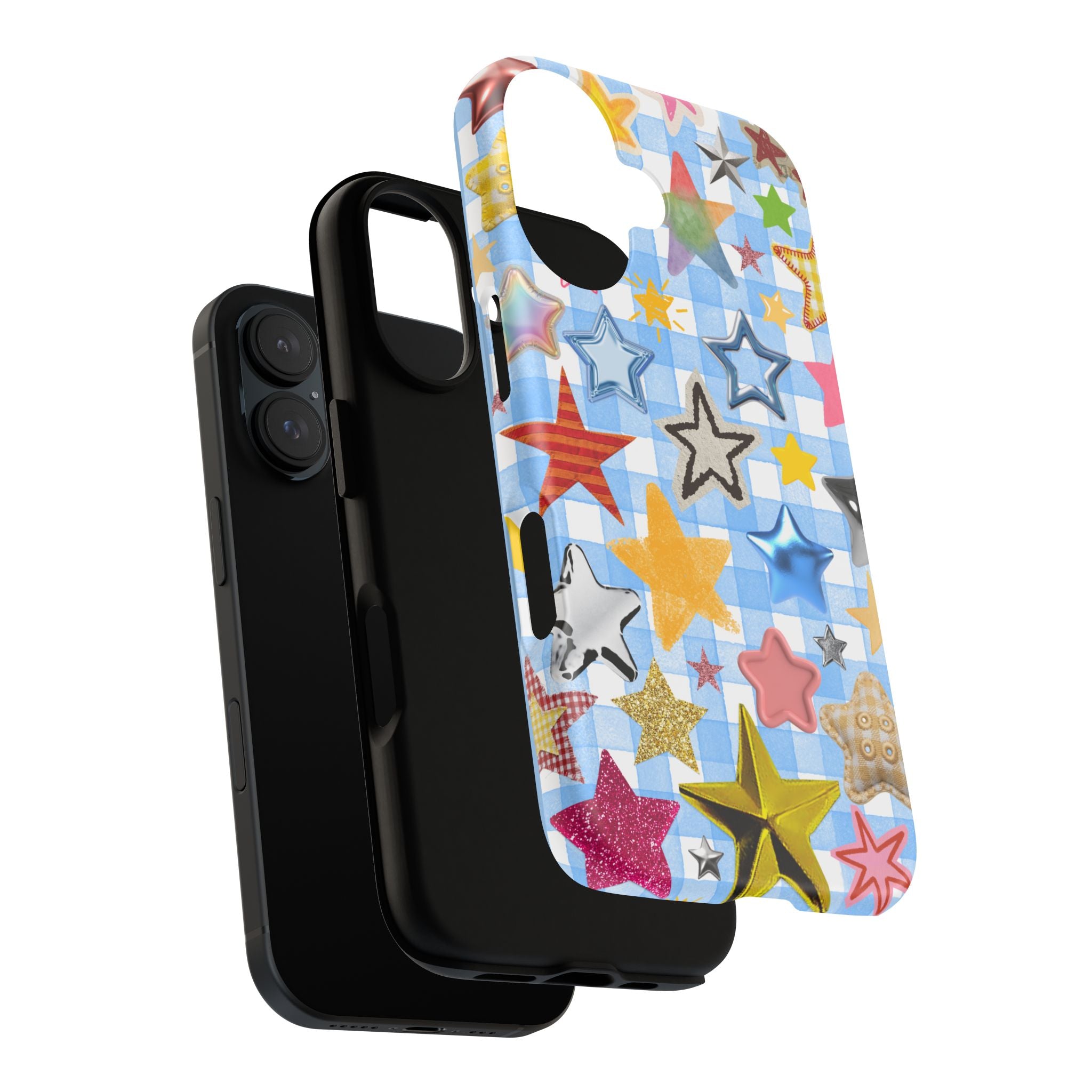 Star Pattern Phone Case – Colorful Stars on Blue Gingham Phone Case