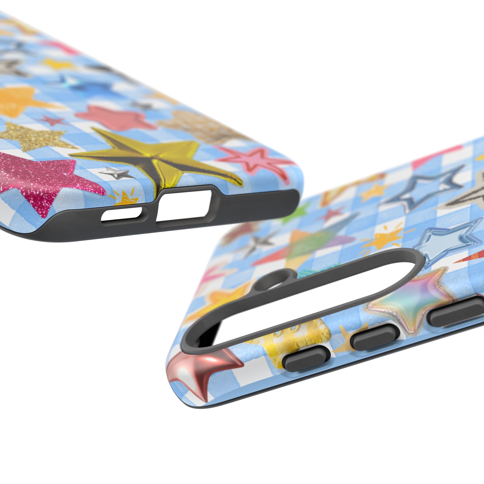 Star Pattern Phone Case – Colorful Stars on Blue Gingham Phone Case