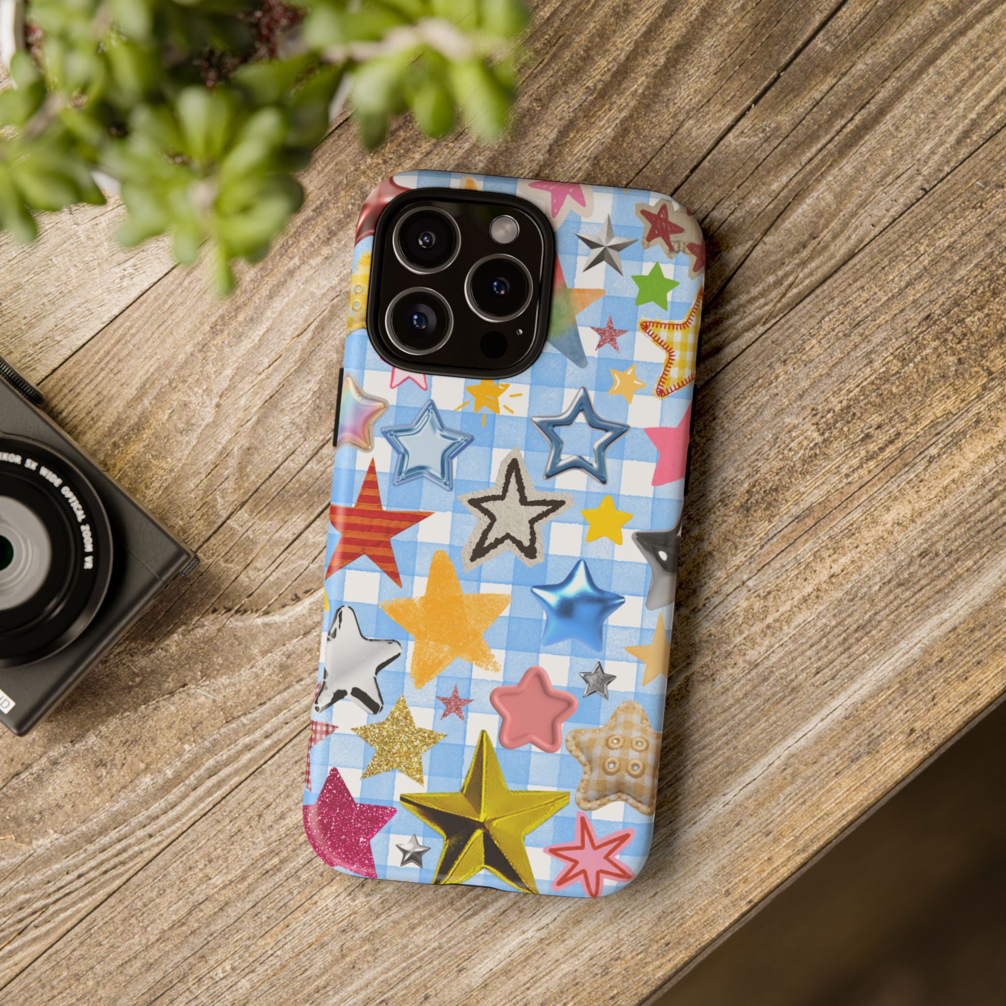 Star Pattern Phone Case – Colorful Stars on Blue Gingham Phone Case