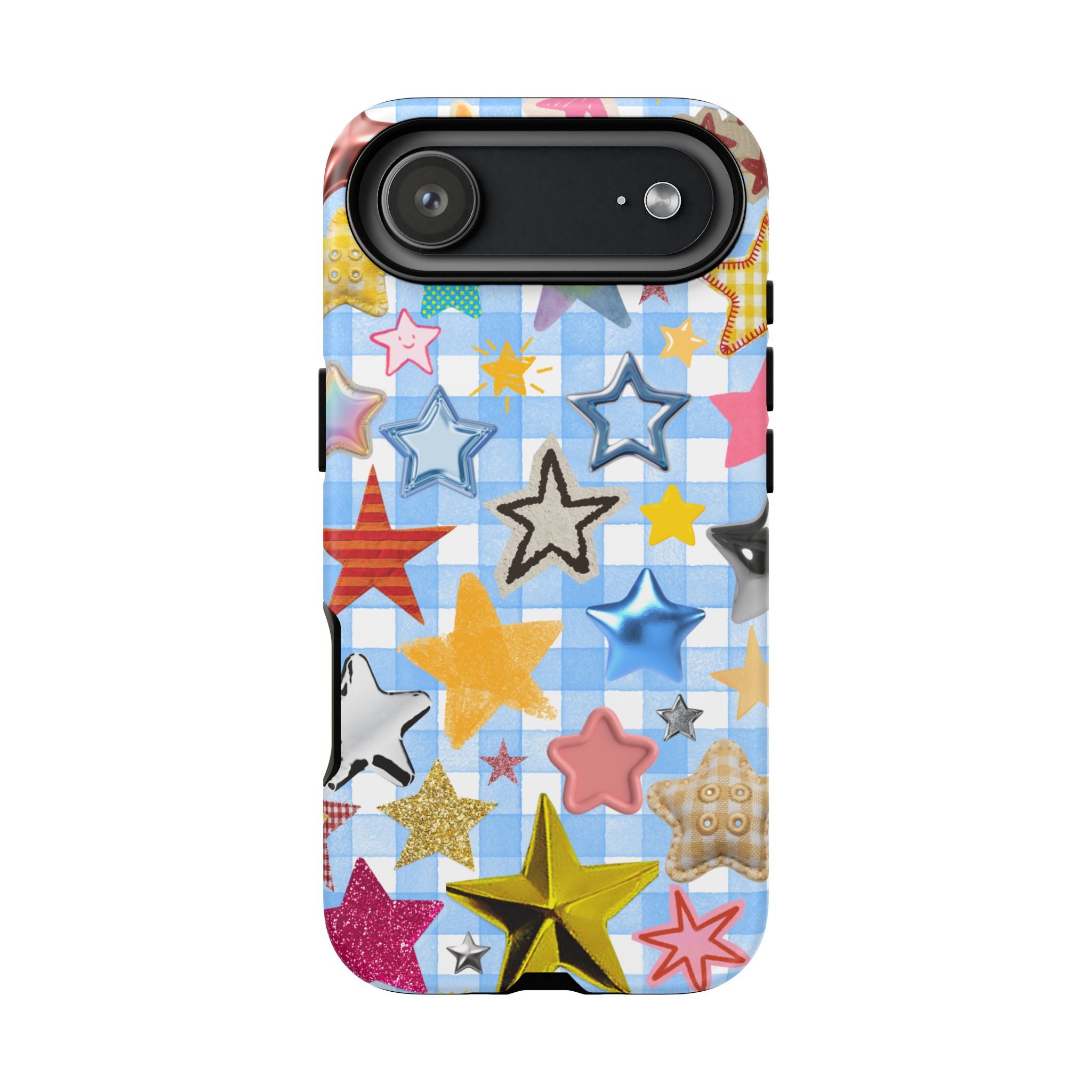 Star Pattern Phone Case – Colorful Stars on Blue Gingham Phone Case