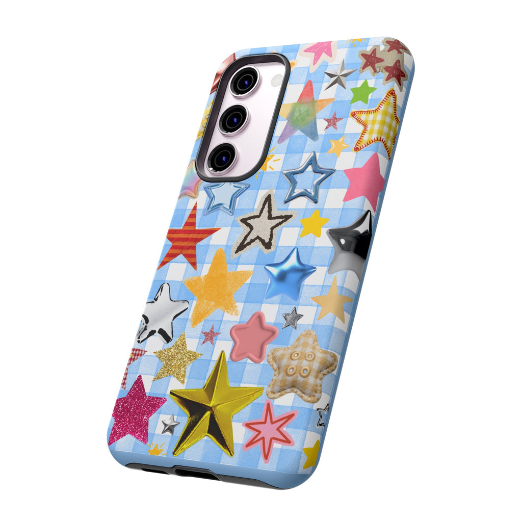 Star Pattern Phone Case – Colorful Stars on Blue Gingham Phone Case