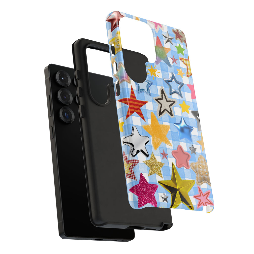 Star Pattern Phone Case – Colorful Stars on Blue Gingham Phone Case