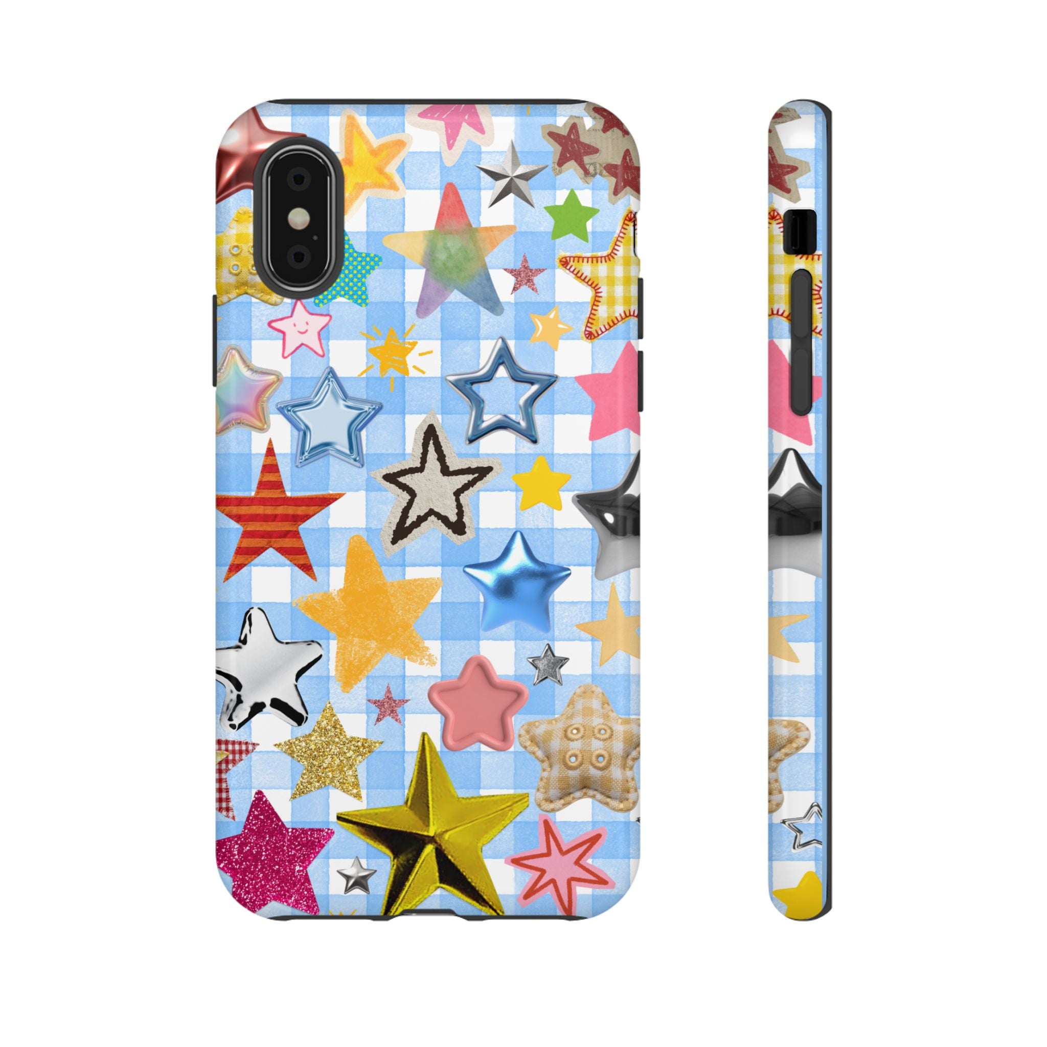 Star Pattern Phone Case – Colorful Stars on Blue Gingham Phone Case