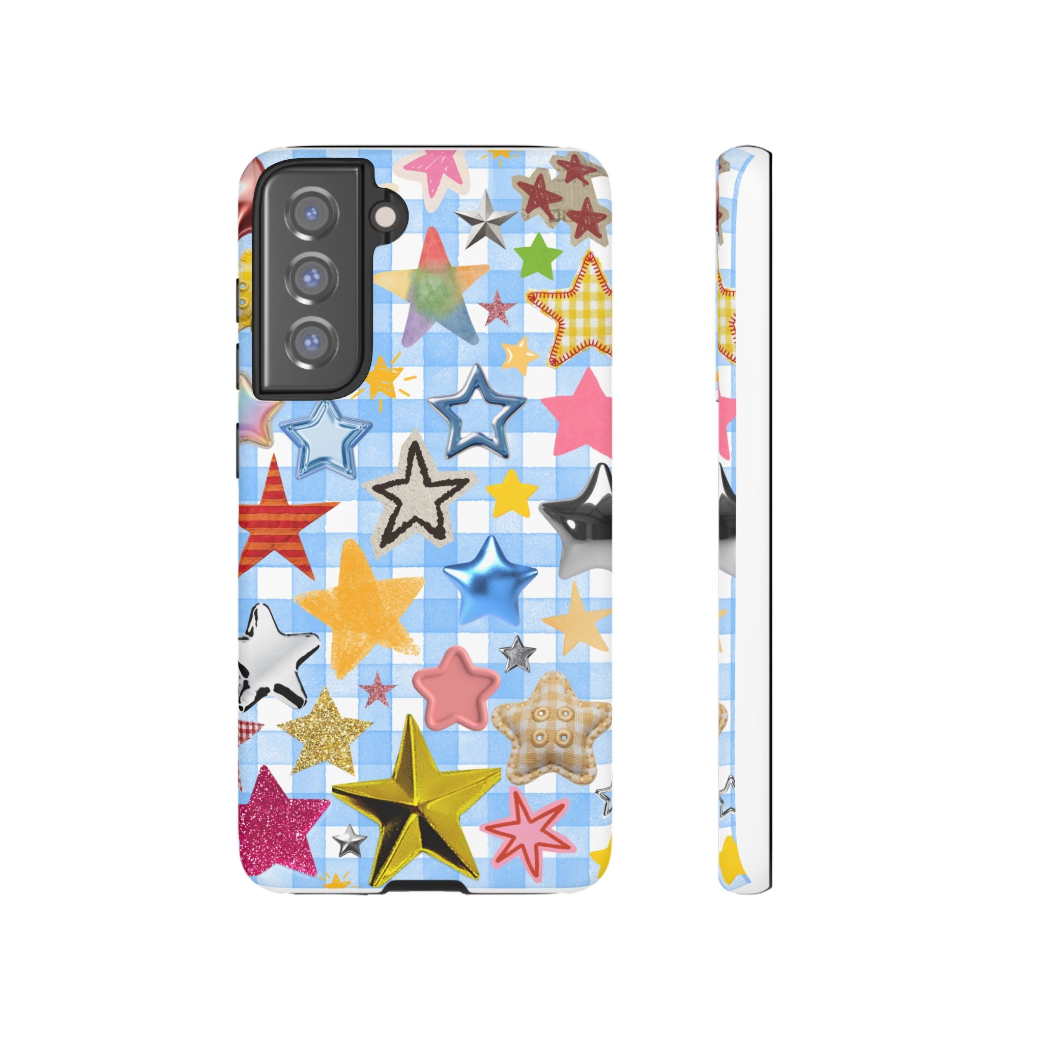 Star Pattern Phone Case – Colorful Stars on Blue Gingham Phone Case