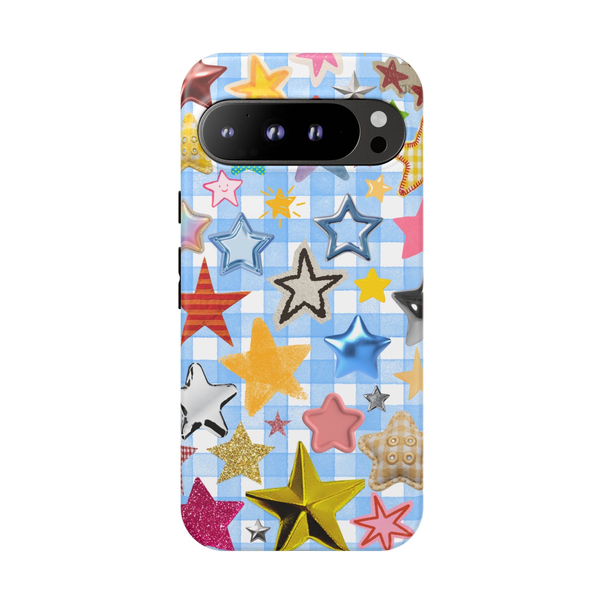 Star Pattern Phone Case – Colorful Stars on Blue Gingham Phone Case