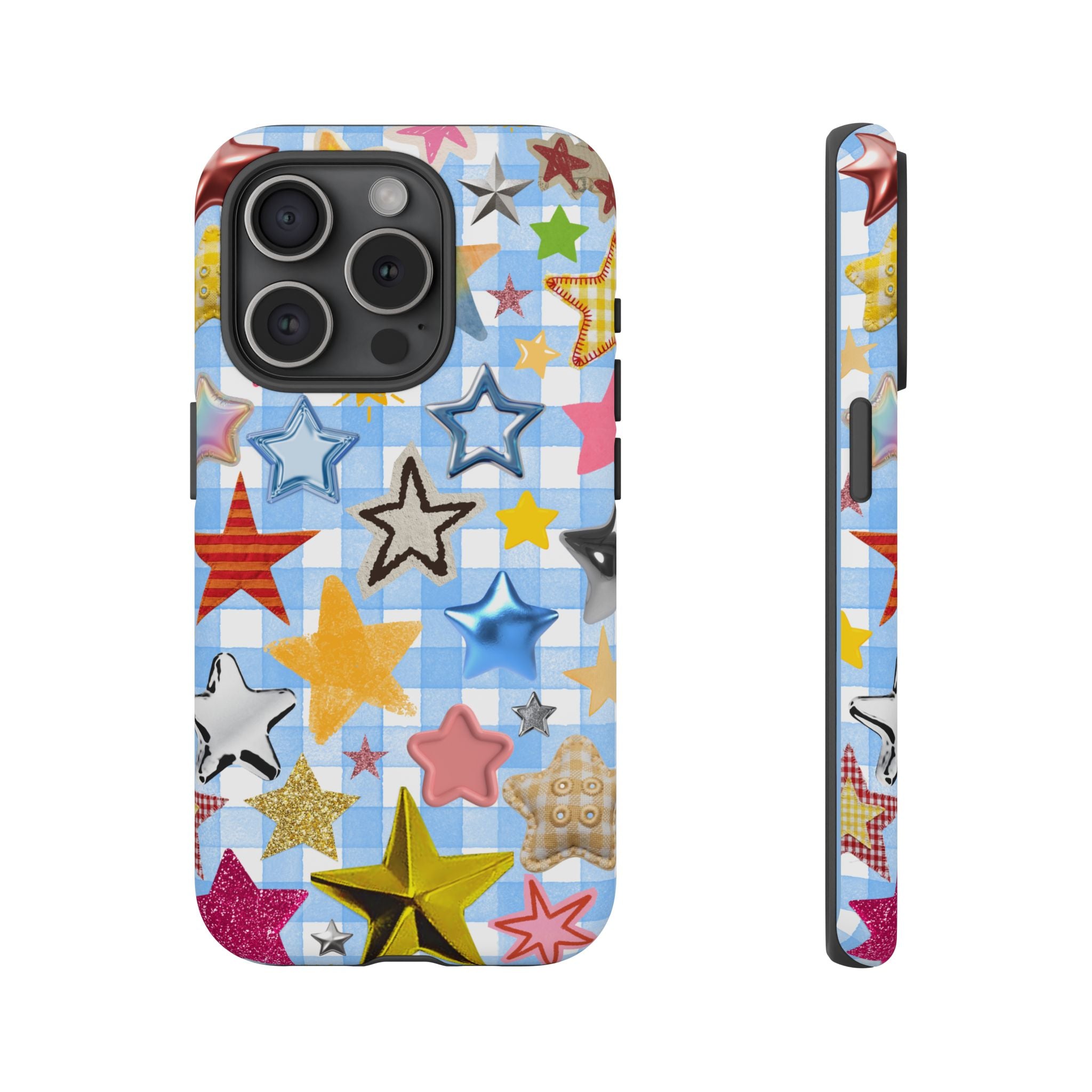 Star Pattern Phone Case – Colorful Stars on Blue Gingham Phone Case