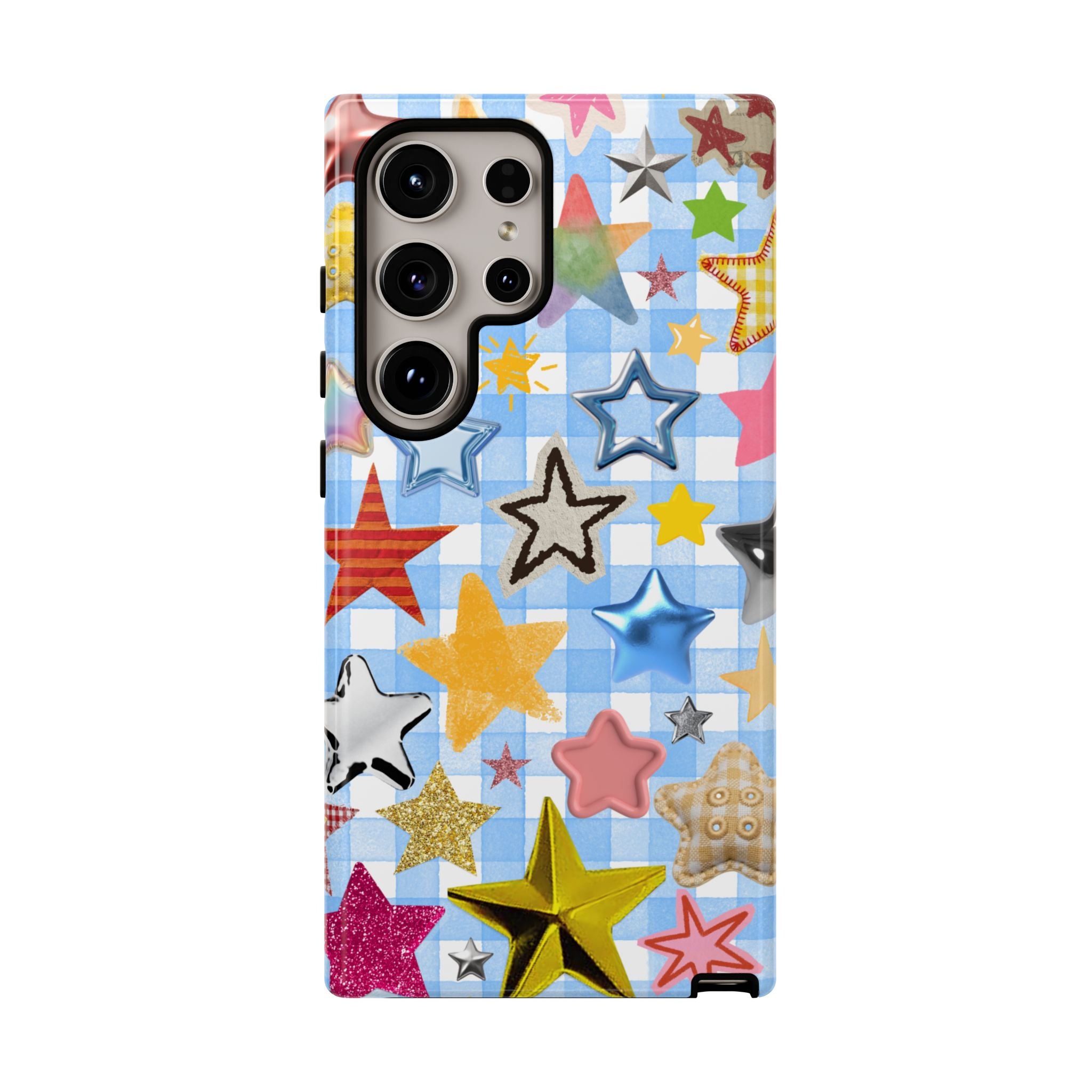 Star Pattern Phone Case – Colorful Stars on Blue Gingham Phone Case