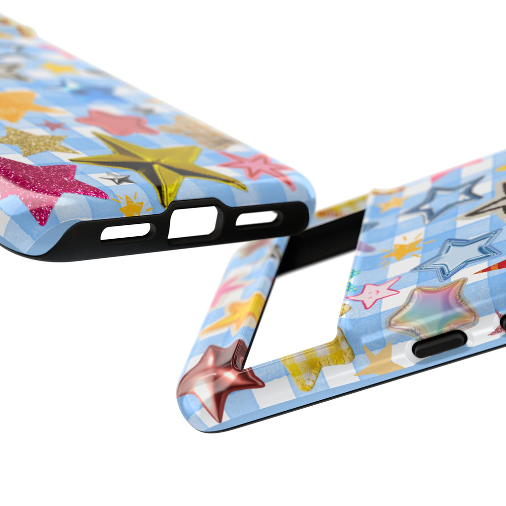 Star Pattern Phone Case – Colorful Stars on Blue Gingham Phone Case