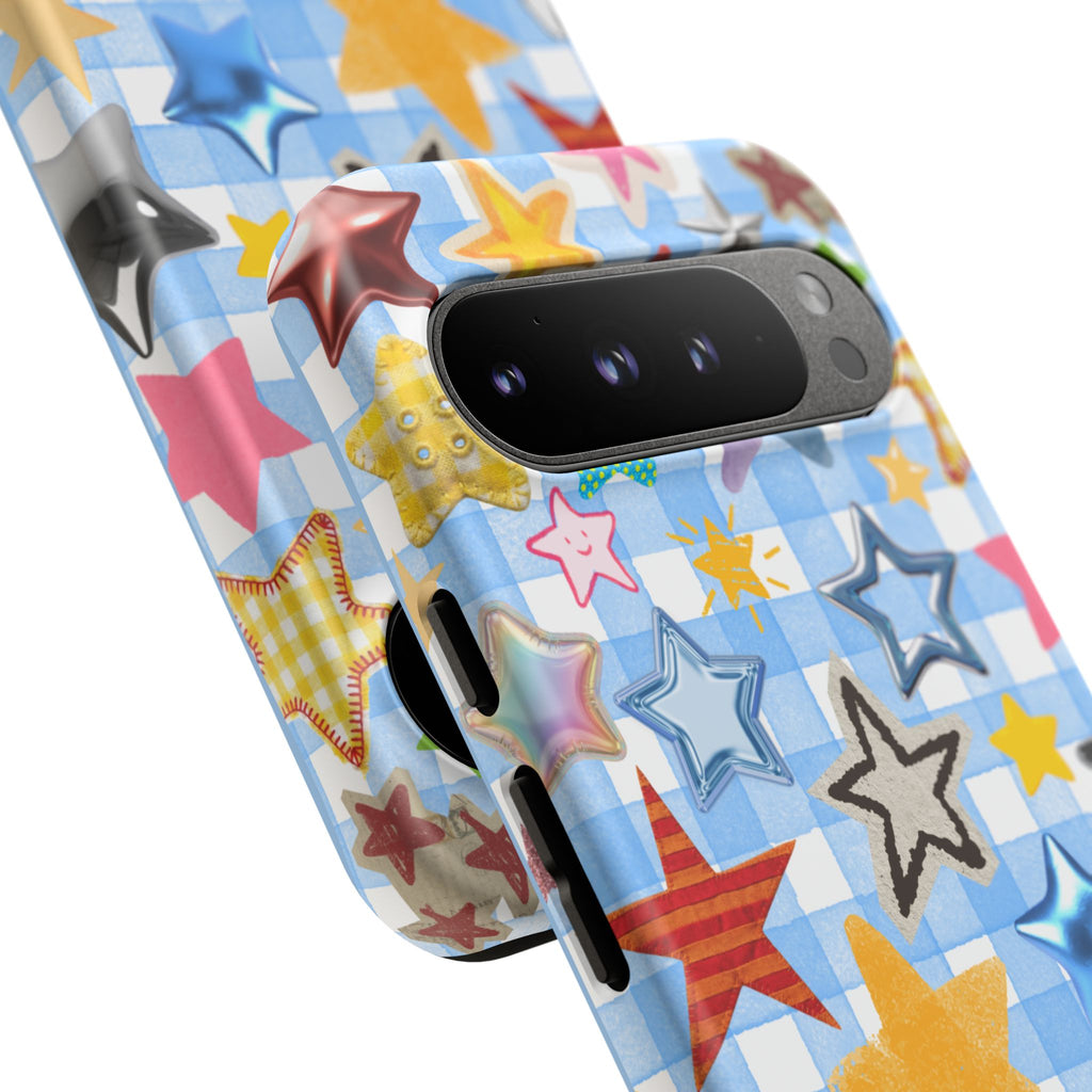 Star Pattern Phone Case – Colorful Stars on Blue Gingham Phone Case