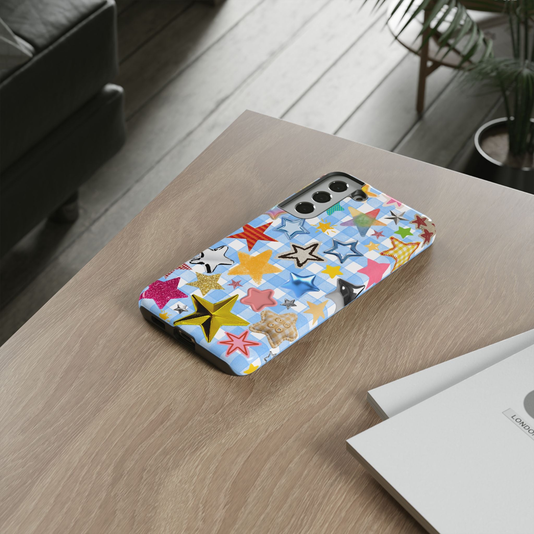 Star Pattern Phone Case – Colorful Stars on Blue Gingham Phone Case