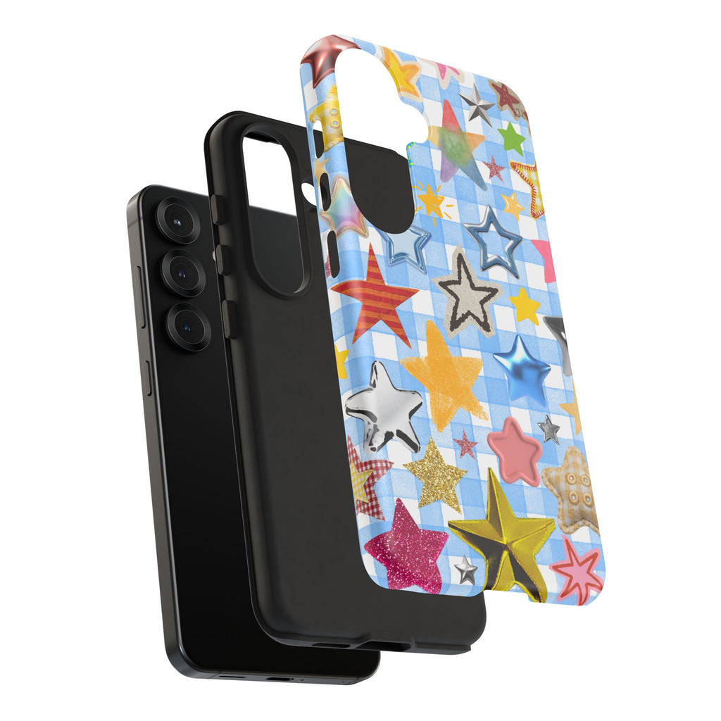 Star Pattern Phone Case – Colorful Stars on Blue Gingham Phone Case