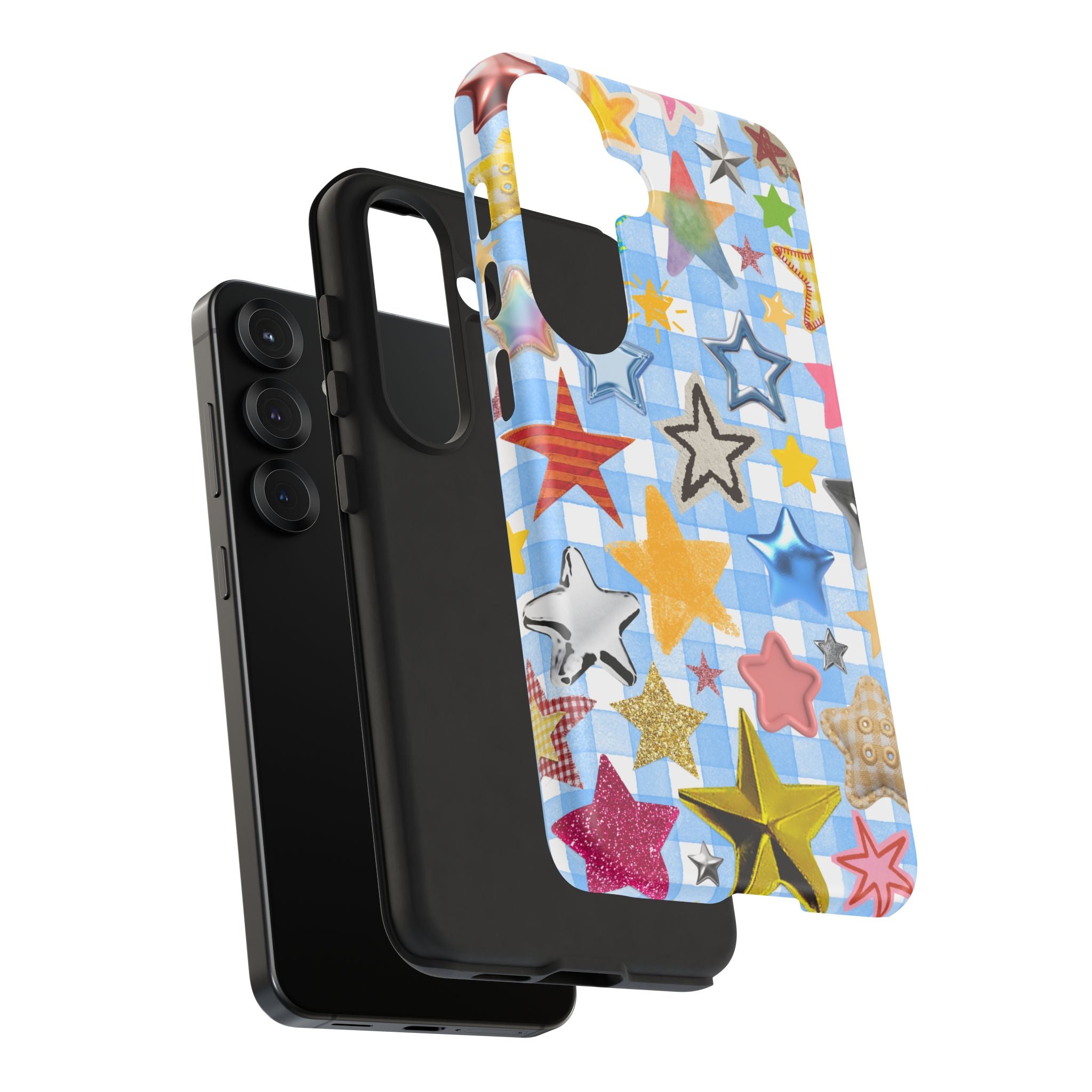 Star Pattern Phone Case – Colorful Stars on Blue Gingham Phone Case