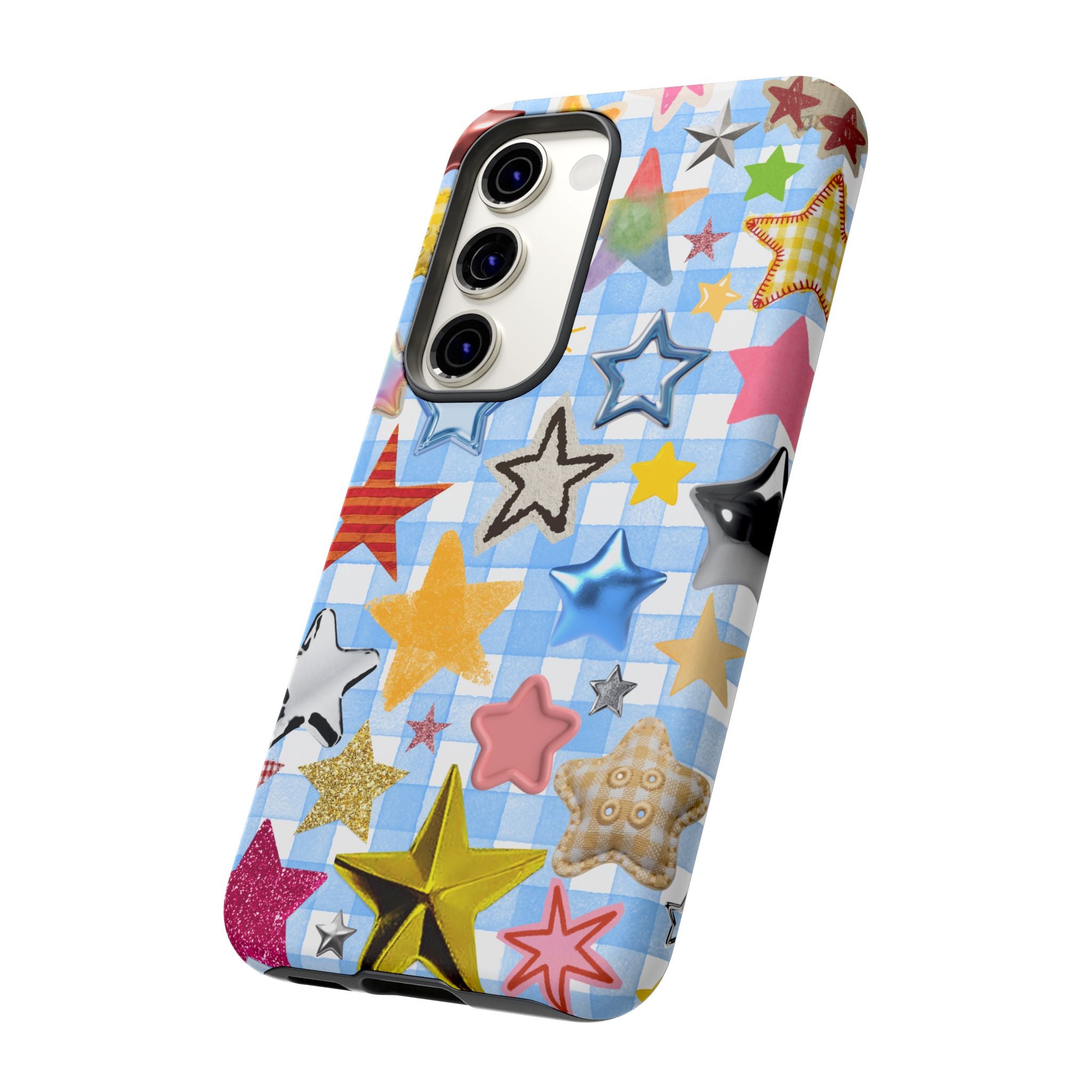 Star Pattern Phone Case – Colorful Stars on Blue Gingham Phone Case