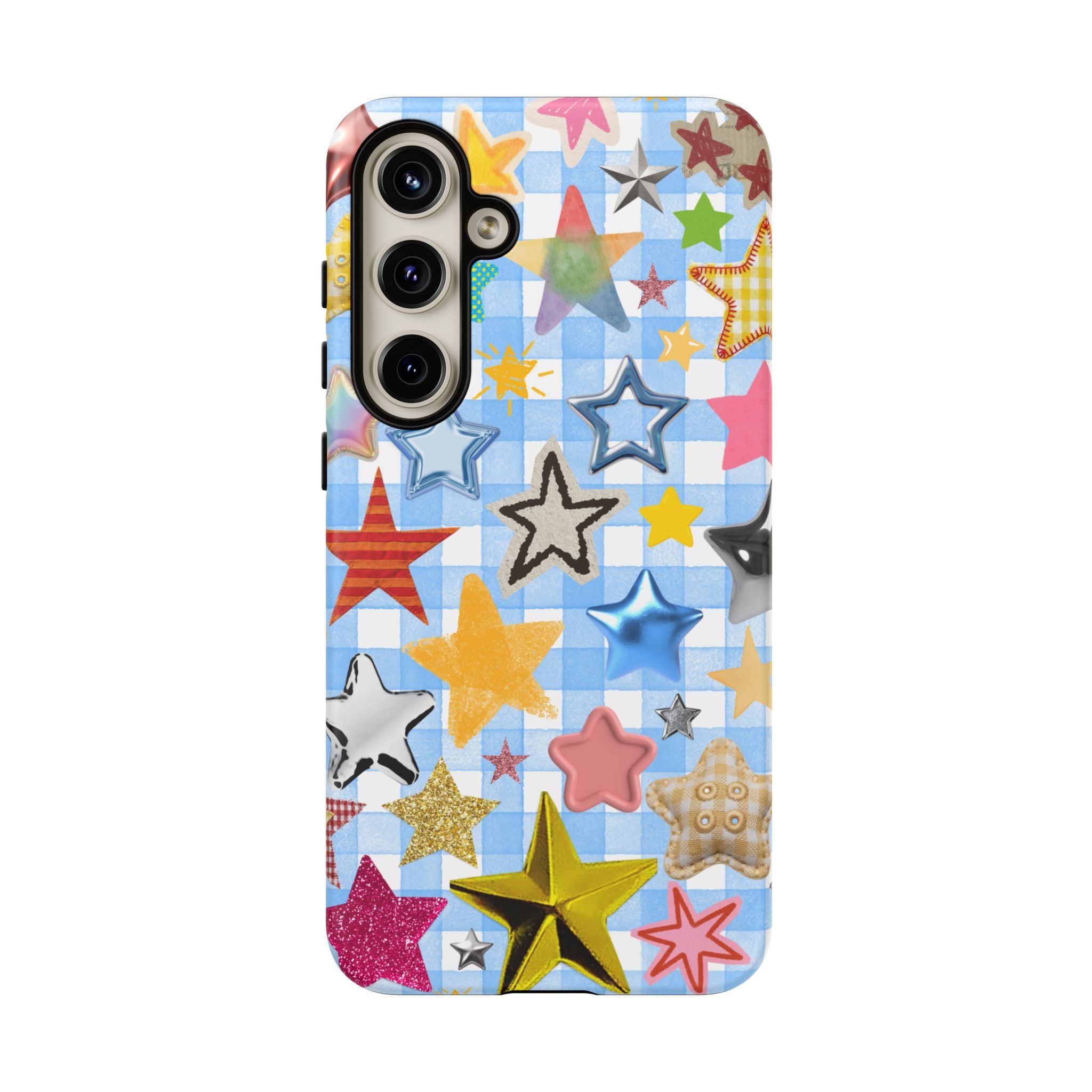 Star Pattern Phone Case – Colorful Stars on Blue Gingham Phone Case