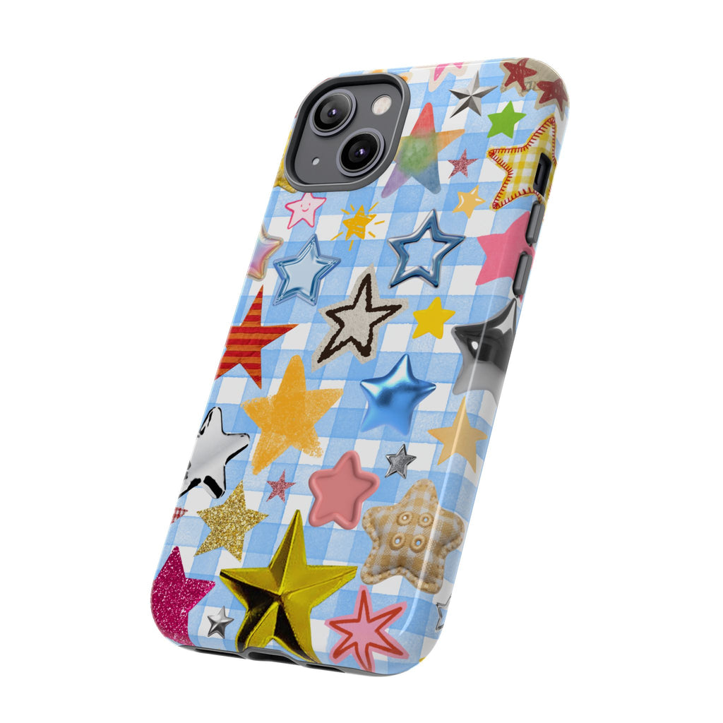 Star Pattern Phone Case – Colorful Stars on Blue Gingham Phone Case