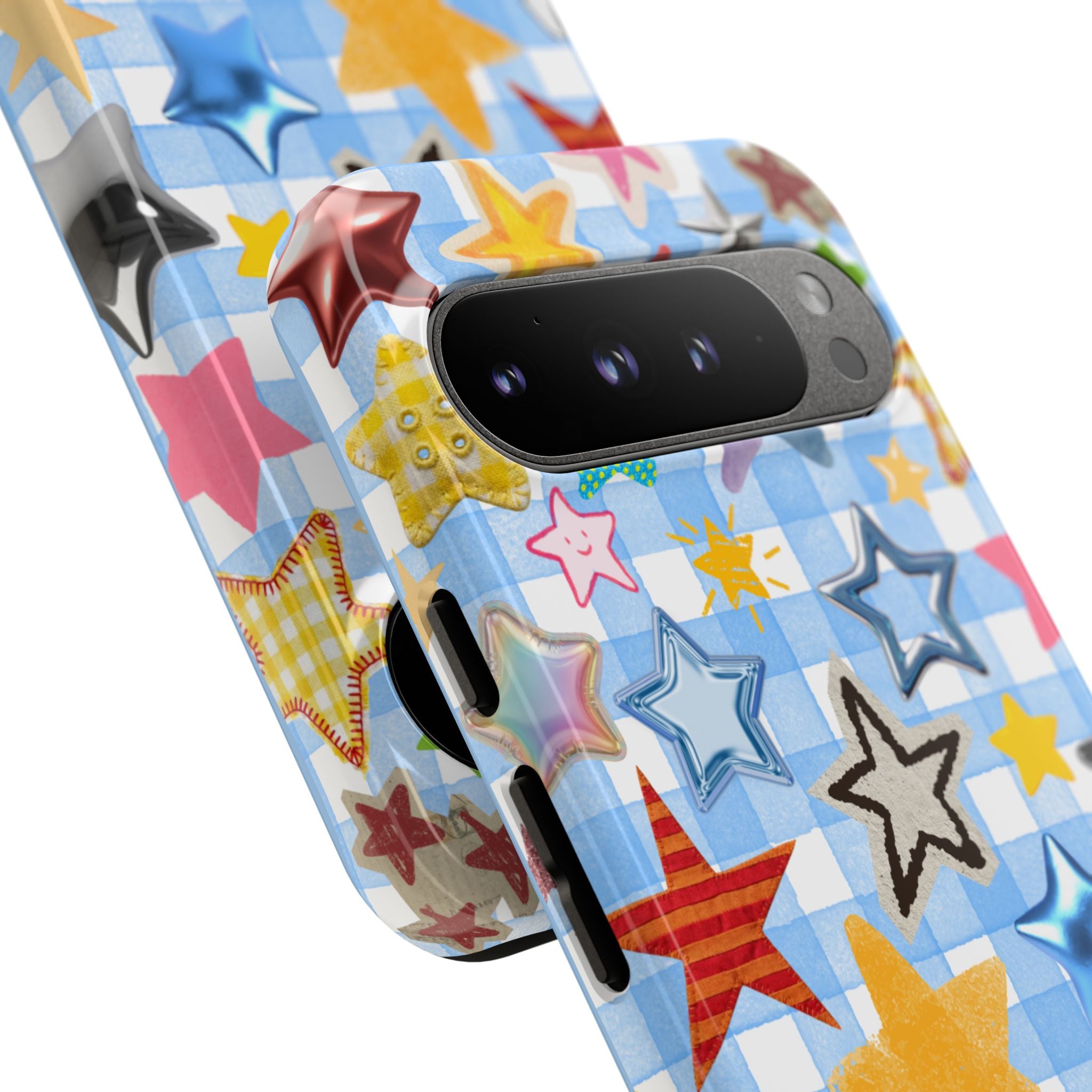 Star Pattern Phone Case – Colorful Stars on Blue Gingham Phone Case