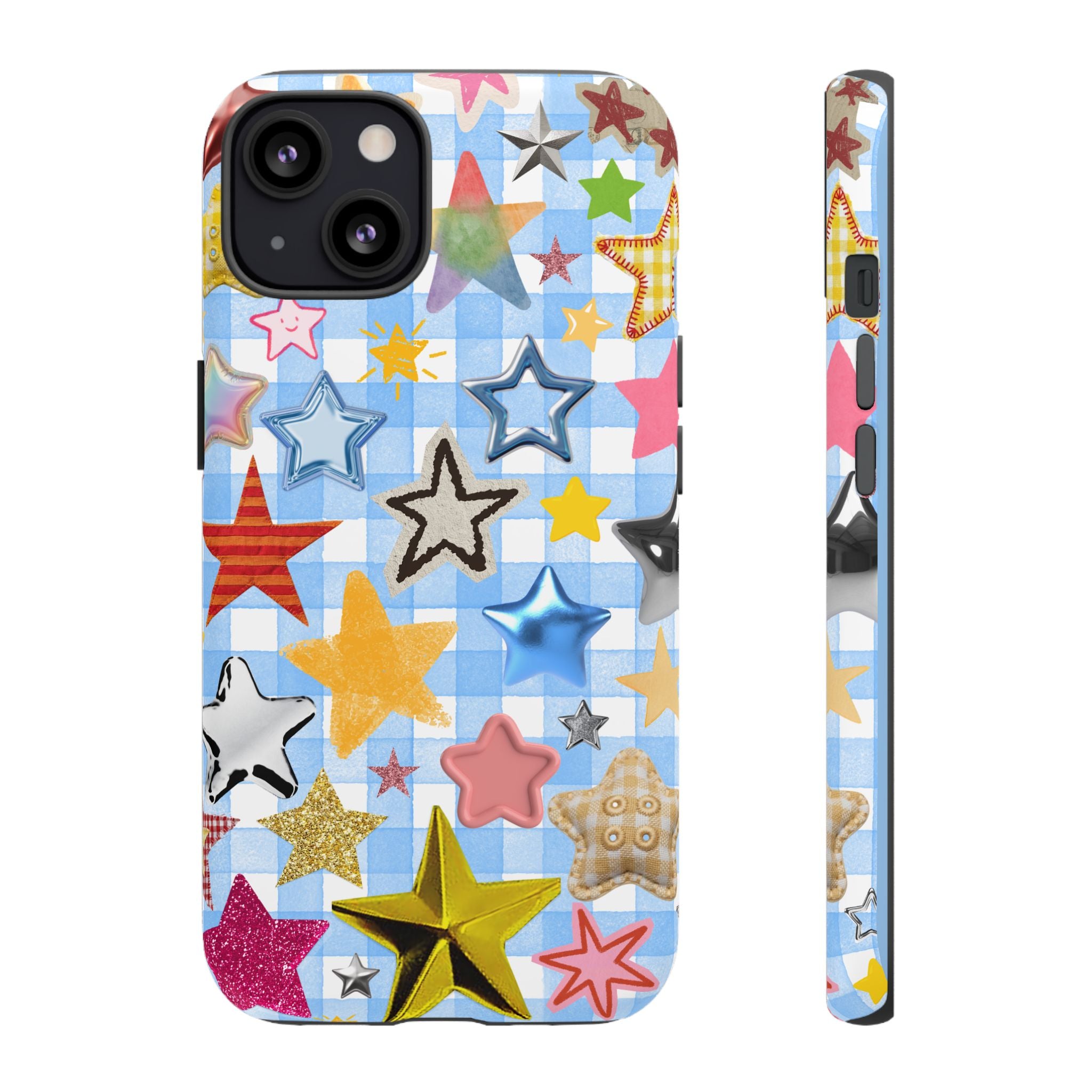 Star Pattern Phone Case – Colorful Stars on Blue Gingham Phone Case