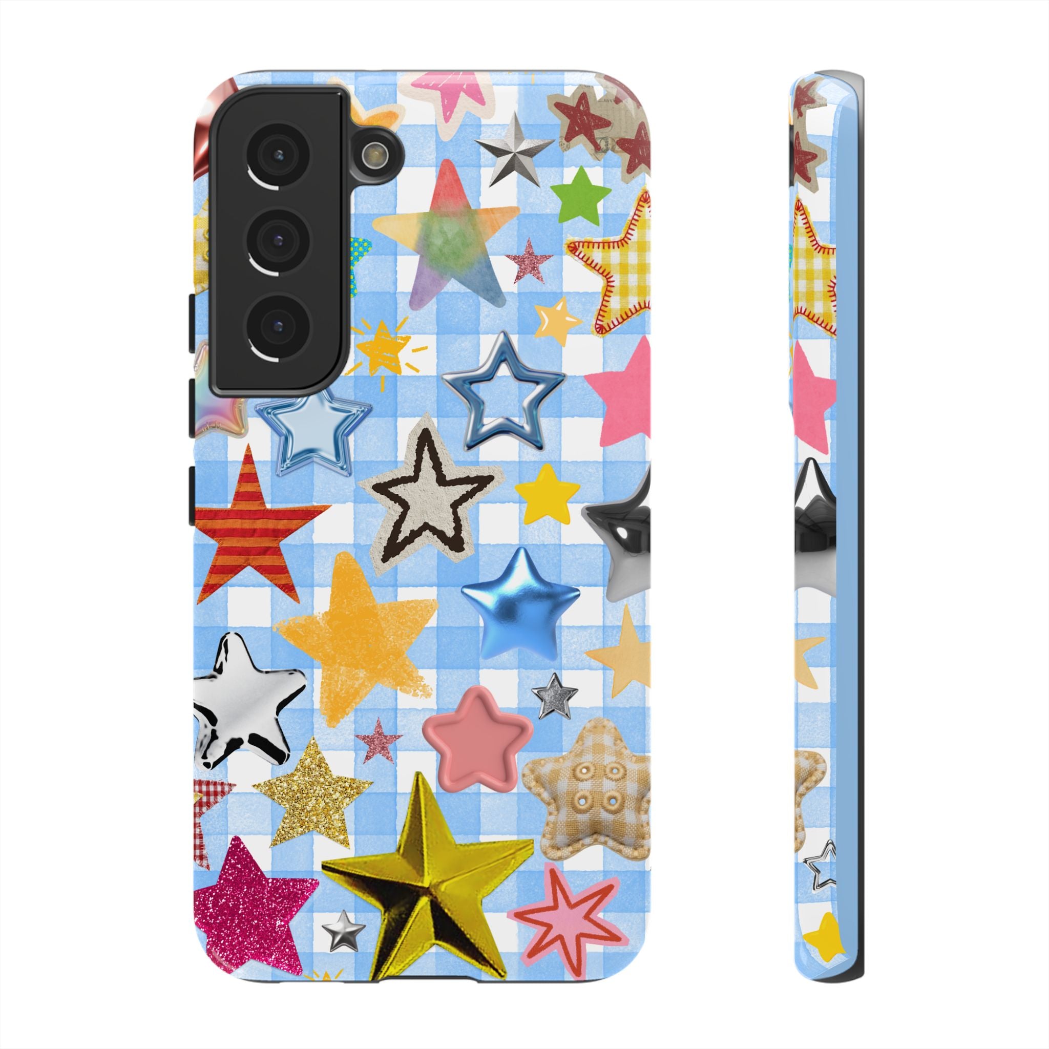 Star Pattern Phone Case – Colorful Stars on Blue Gingham Phone Case